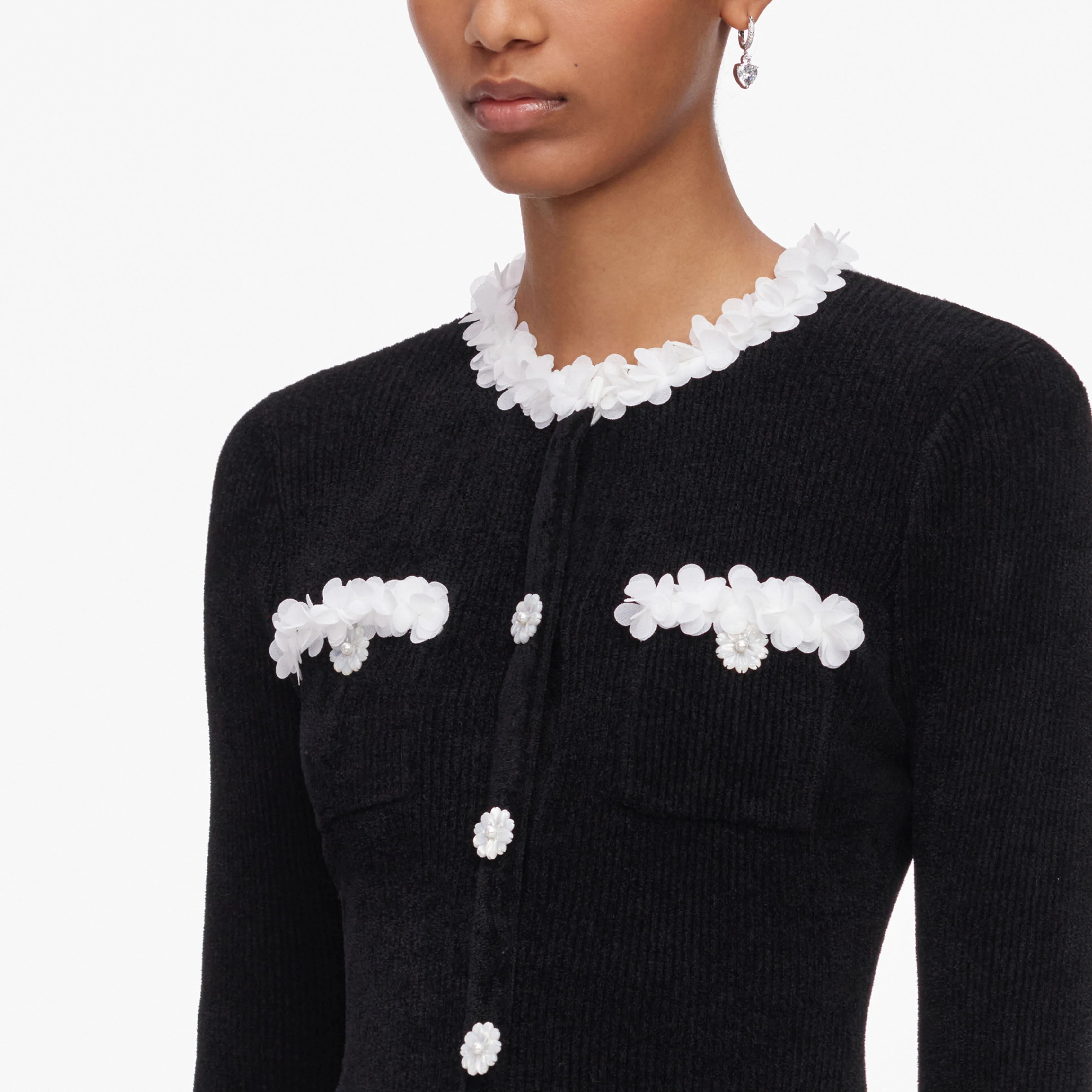 Black Chenille Knit Flower Trim Mini Dress - Image 5