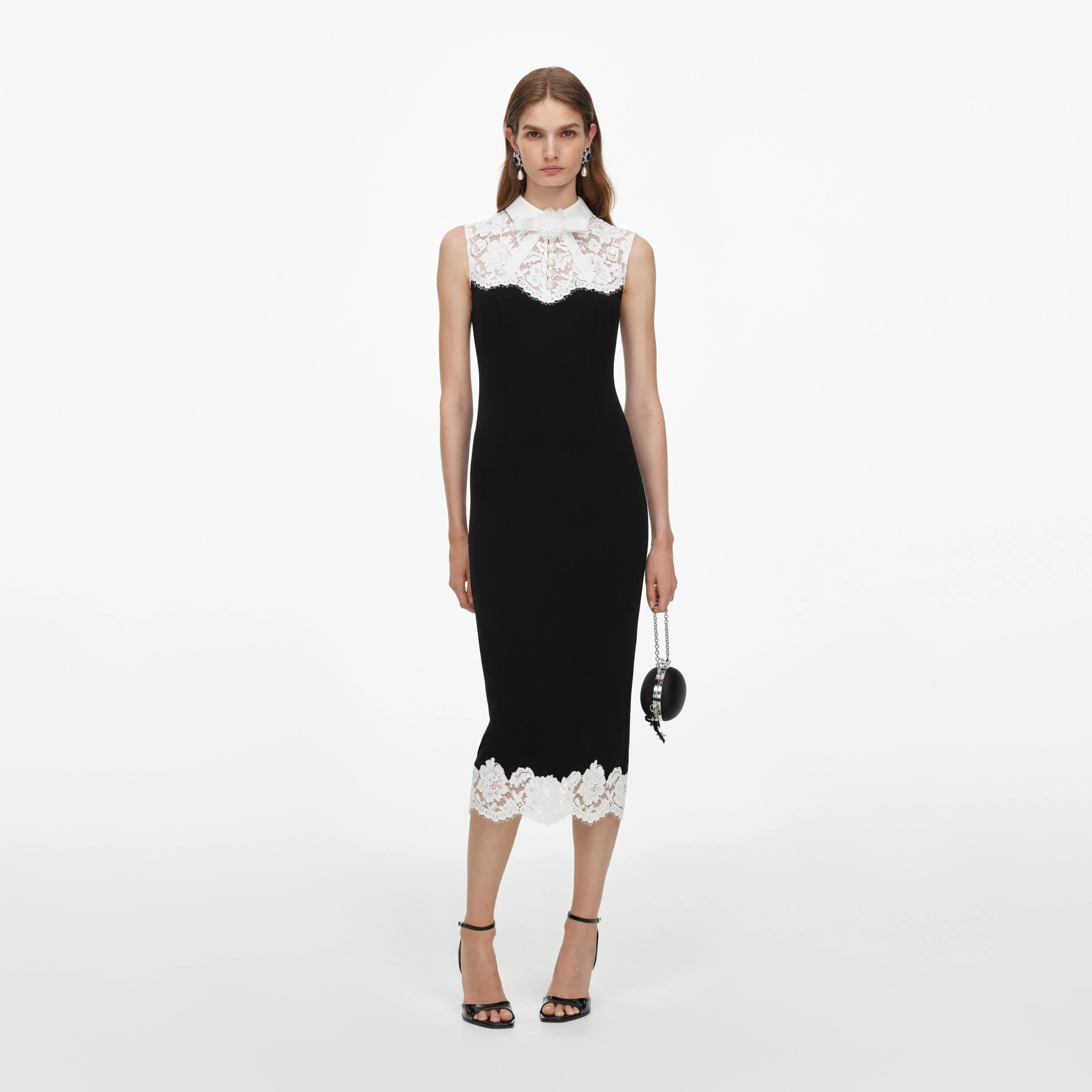 Black Contrast Lace Bodice Midi Dress