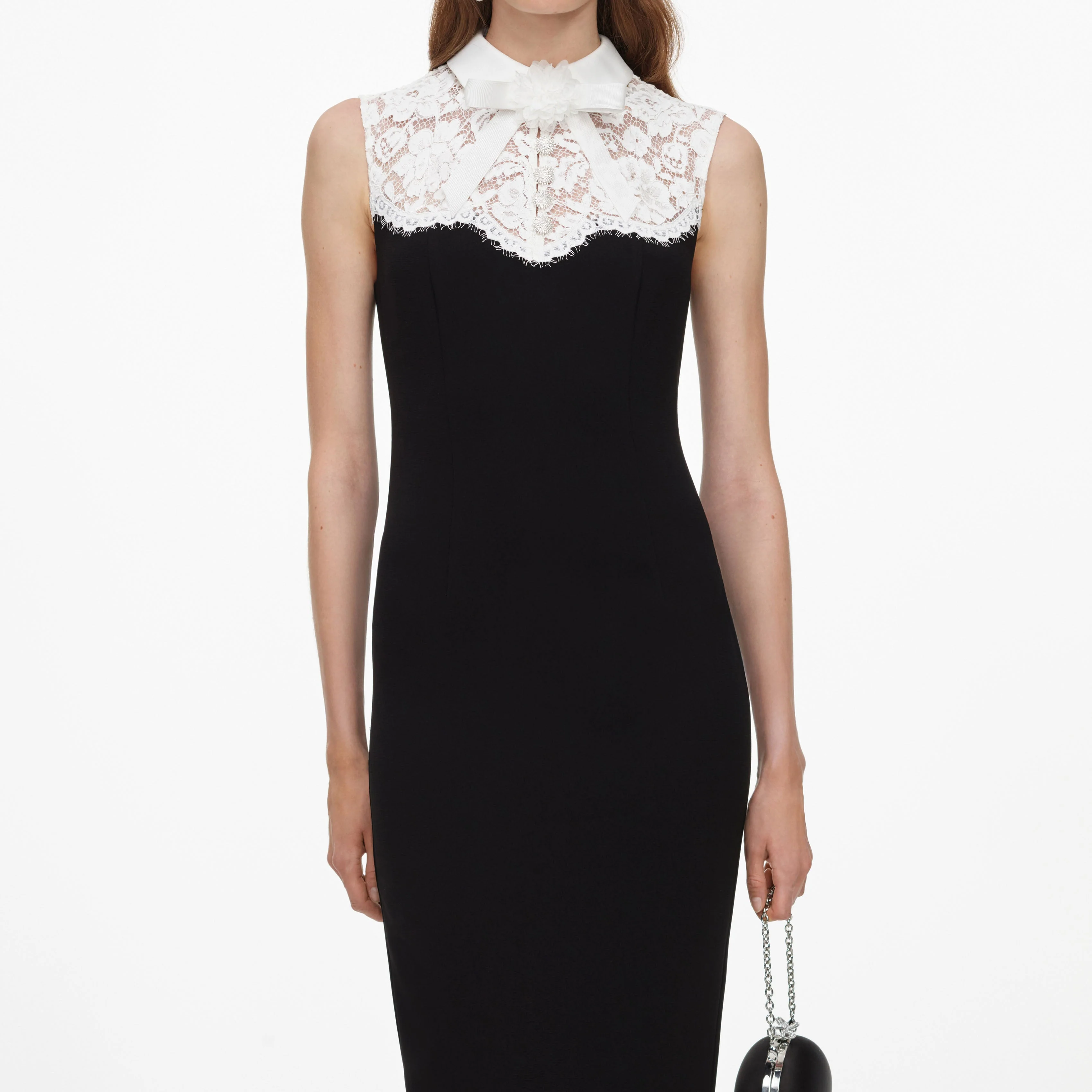 Black Contrast Lace Bodice Midi Dress - Image 4