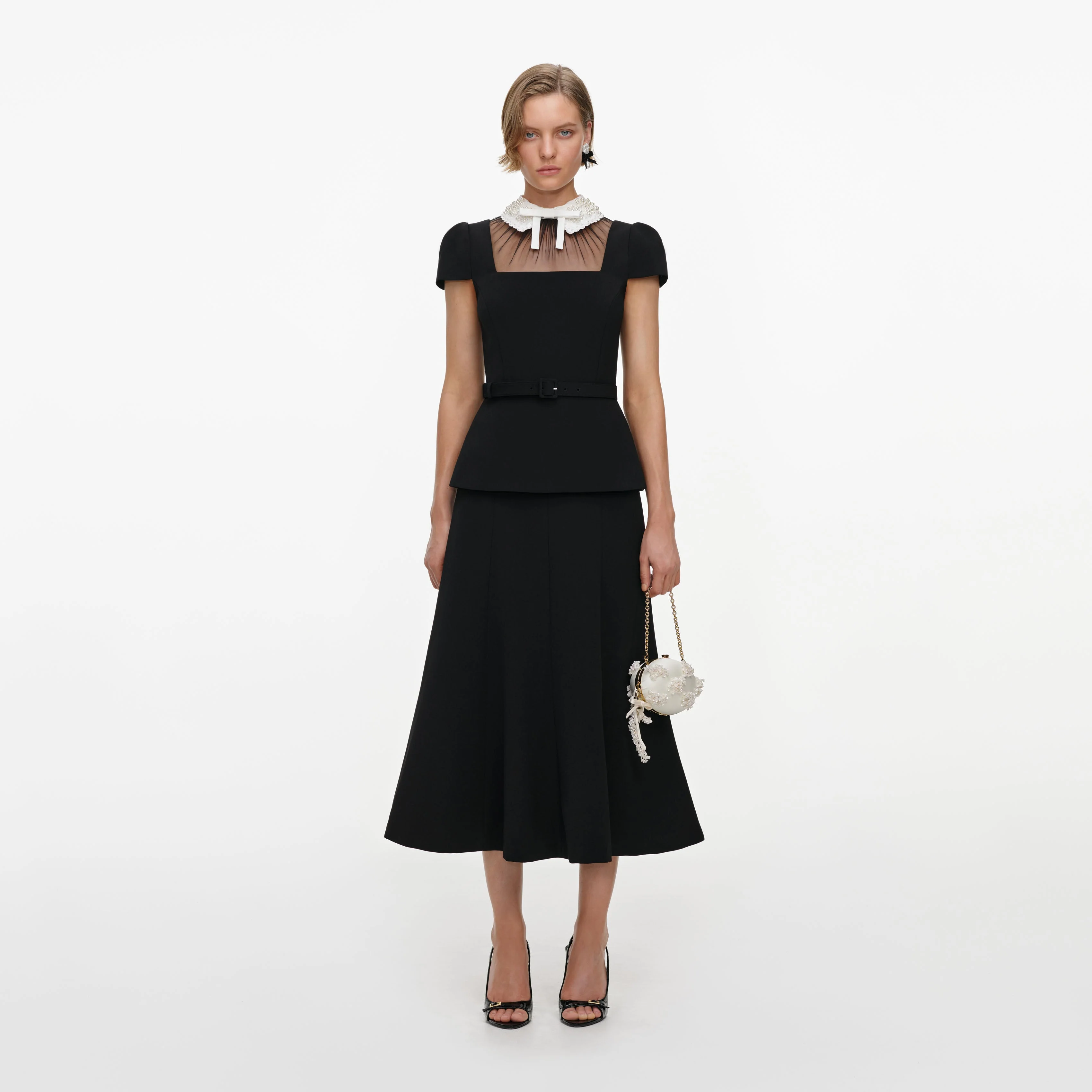 Black Crepe Bow Peplum Midi Dress