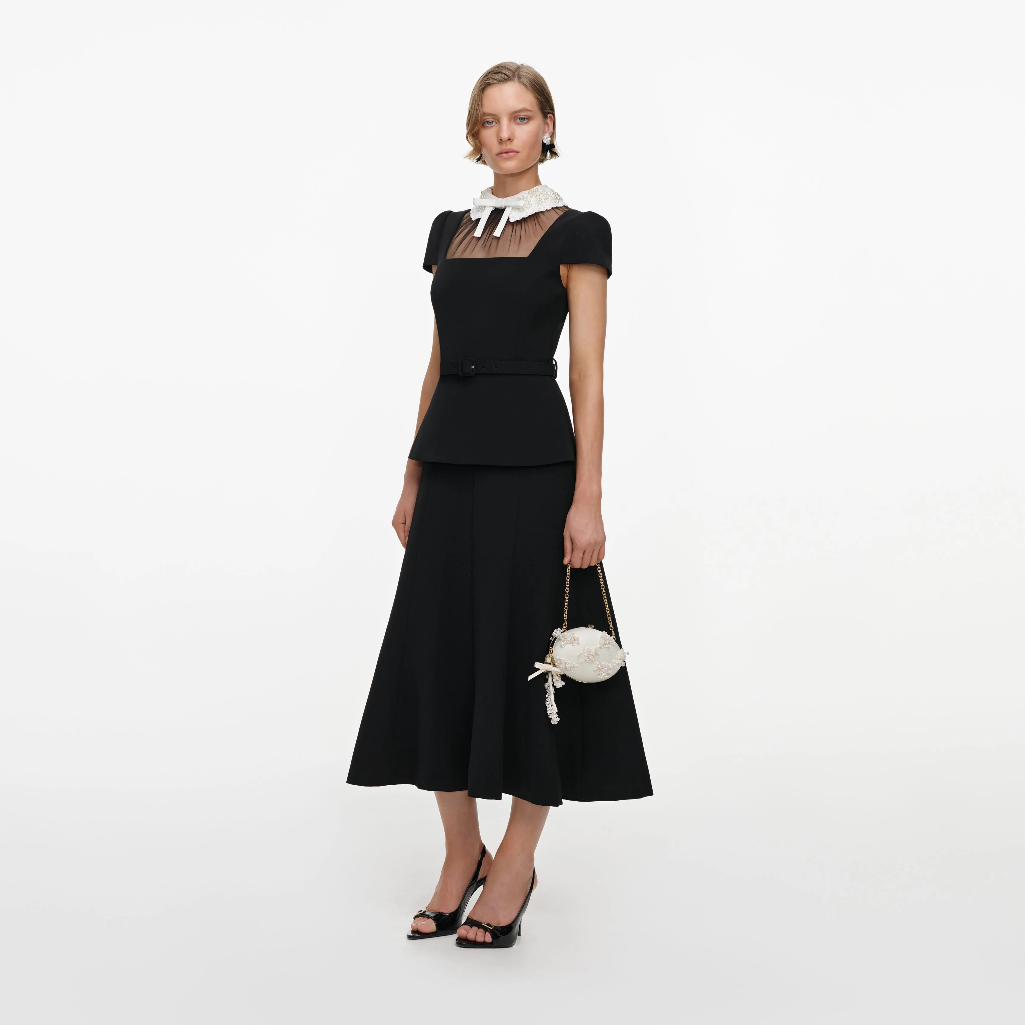 Black Crepe Bow Peplum Midi Dress - Image 2