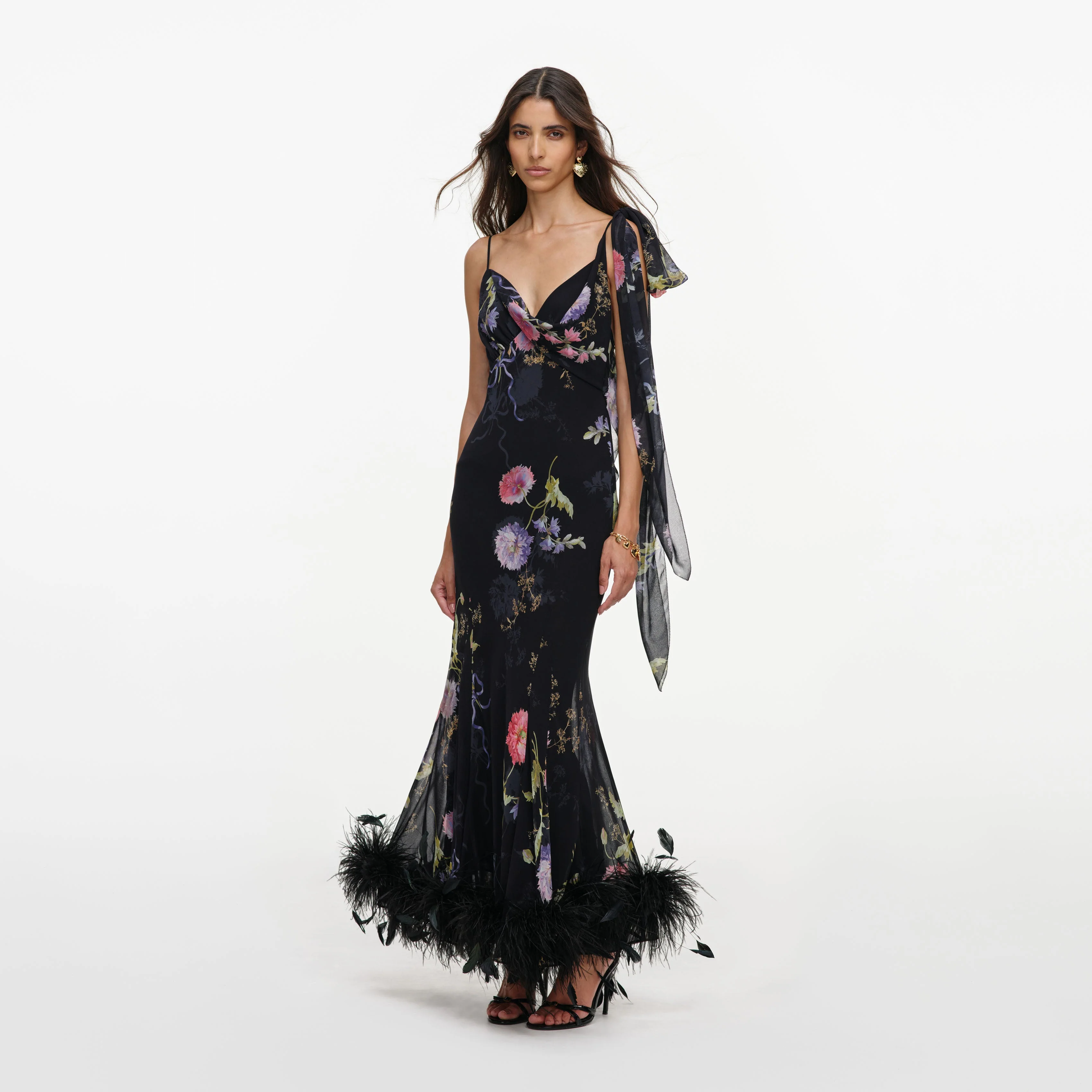 Black Floral Georgette Feather Maxi Dress - Image 2
