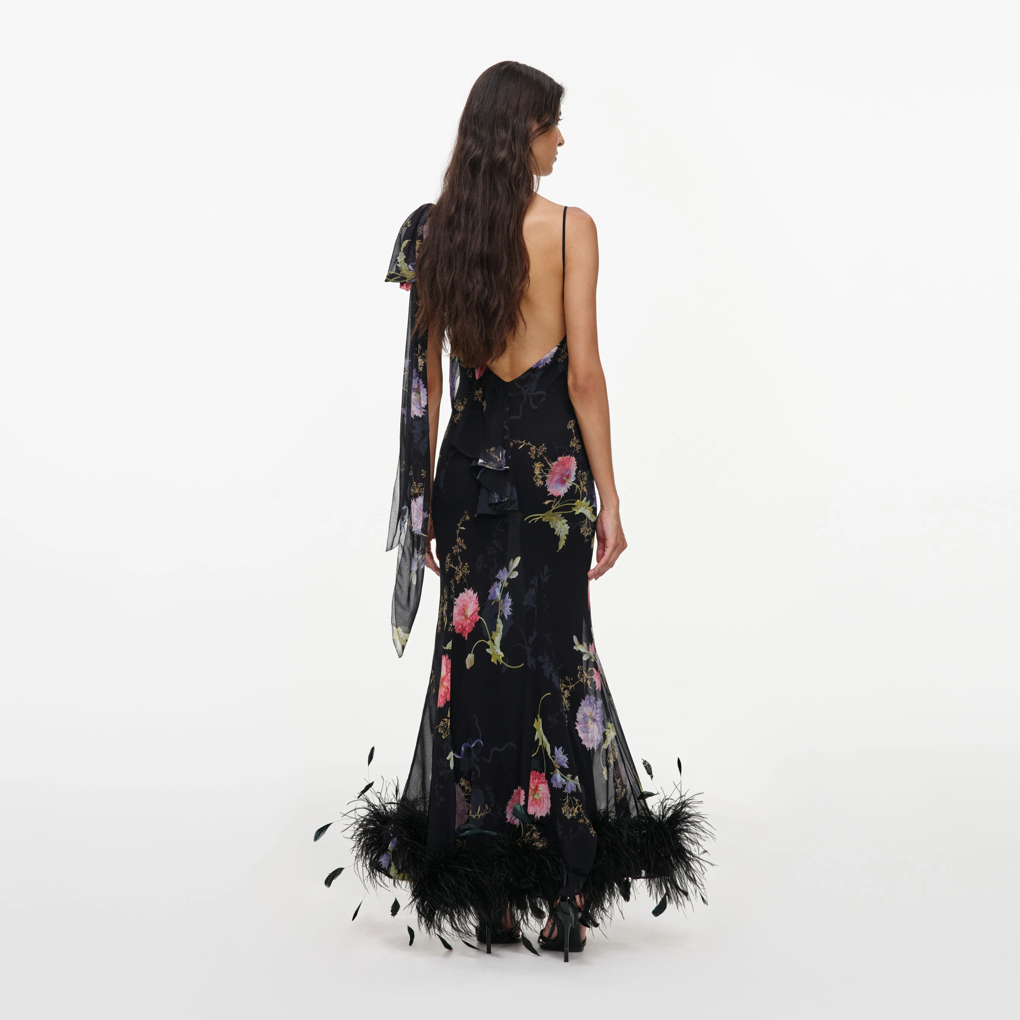 Black Floral Georgette Feather Maxi Dress - Image 3