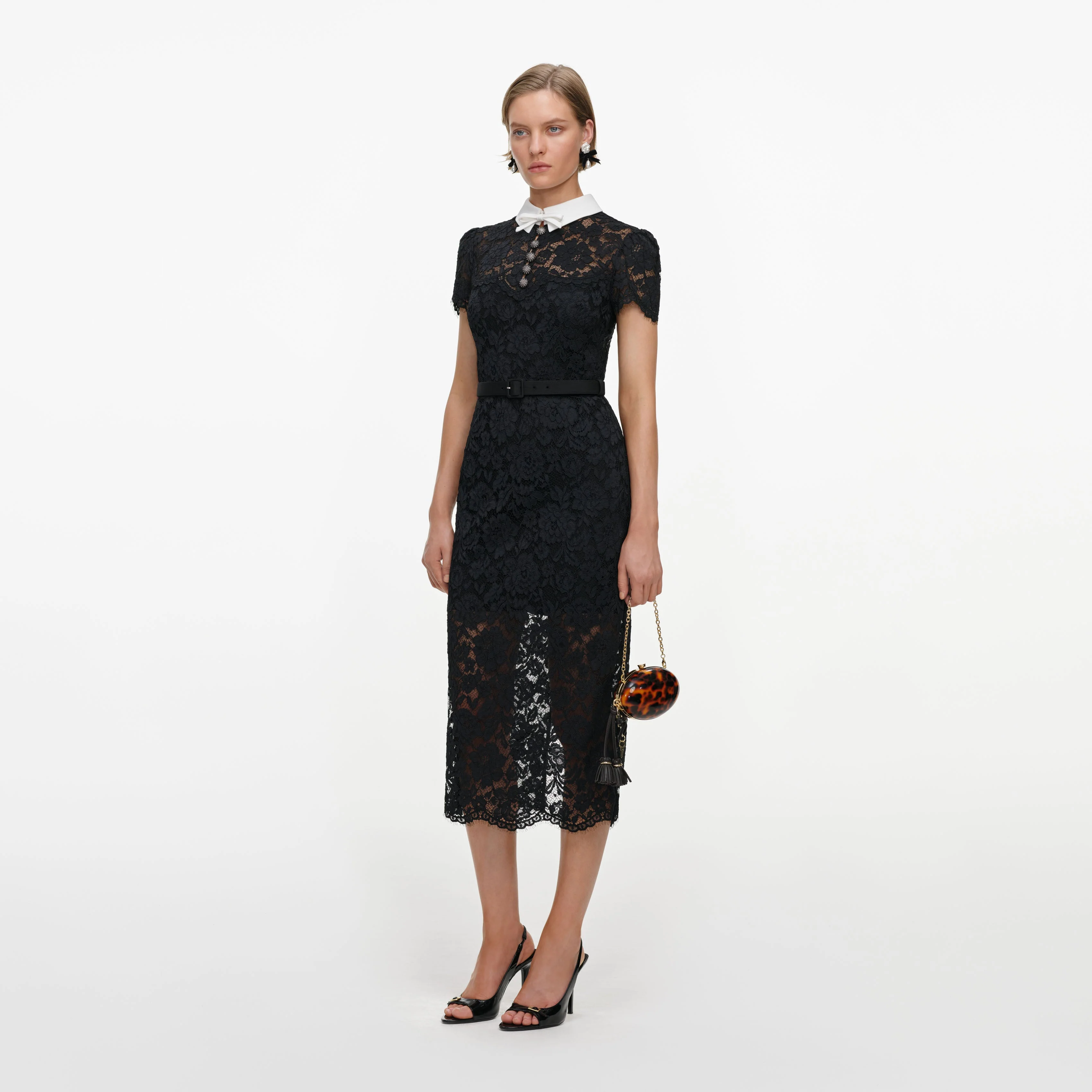 Black Lace Contrast Collar Midi Dress - Image 2