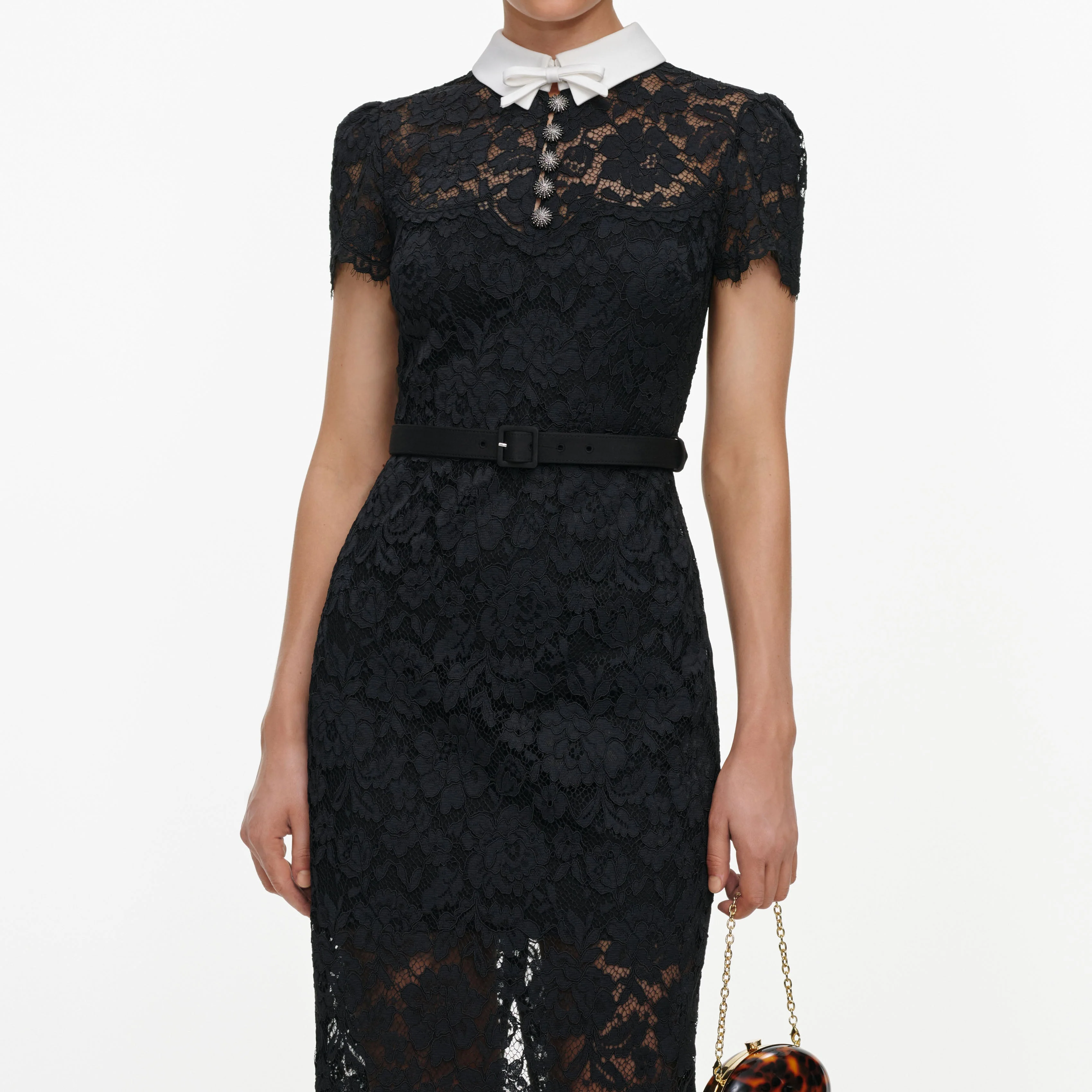 Black Lace Contrast Collar Midi Dress - Image 4