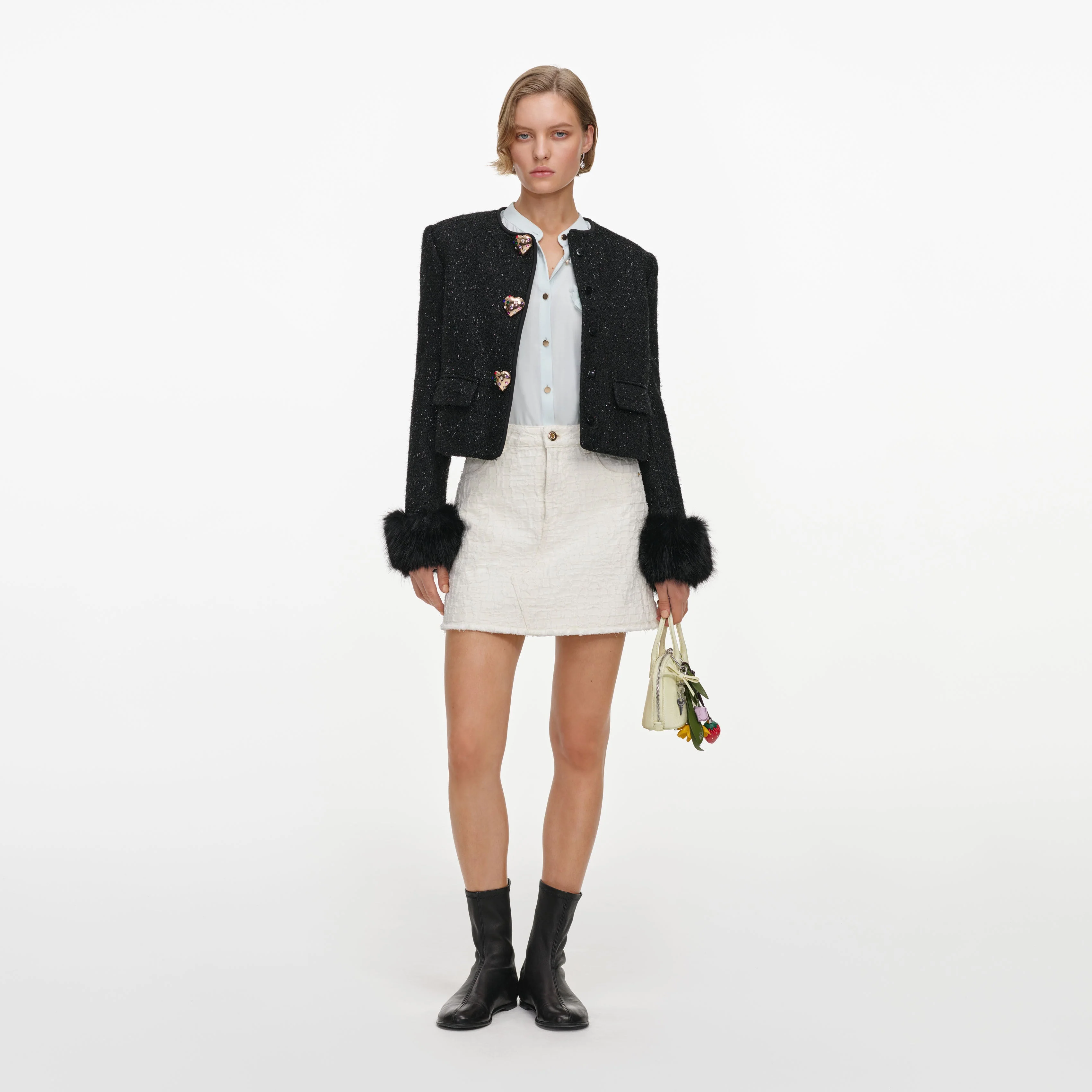 Black Metallic Boucle Fur Cuff Jacket