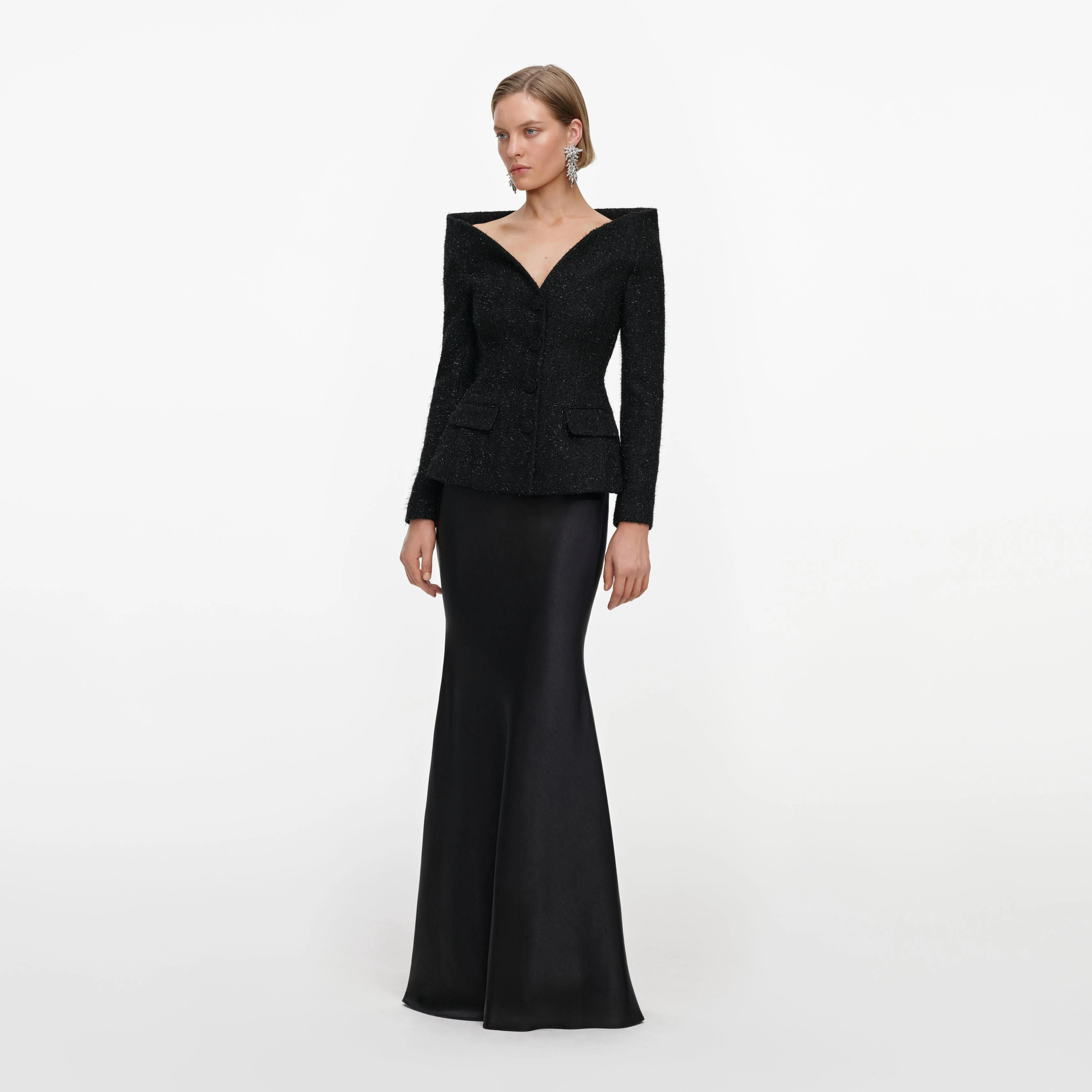 Black Metallic Boucle Satin Maxi Dress - Image 2