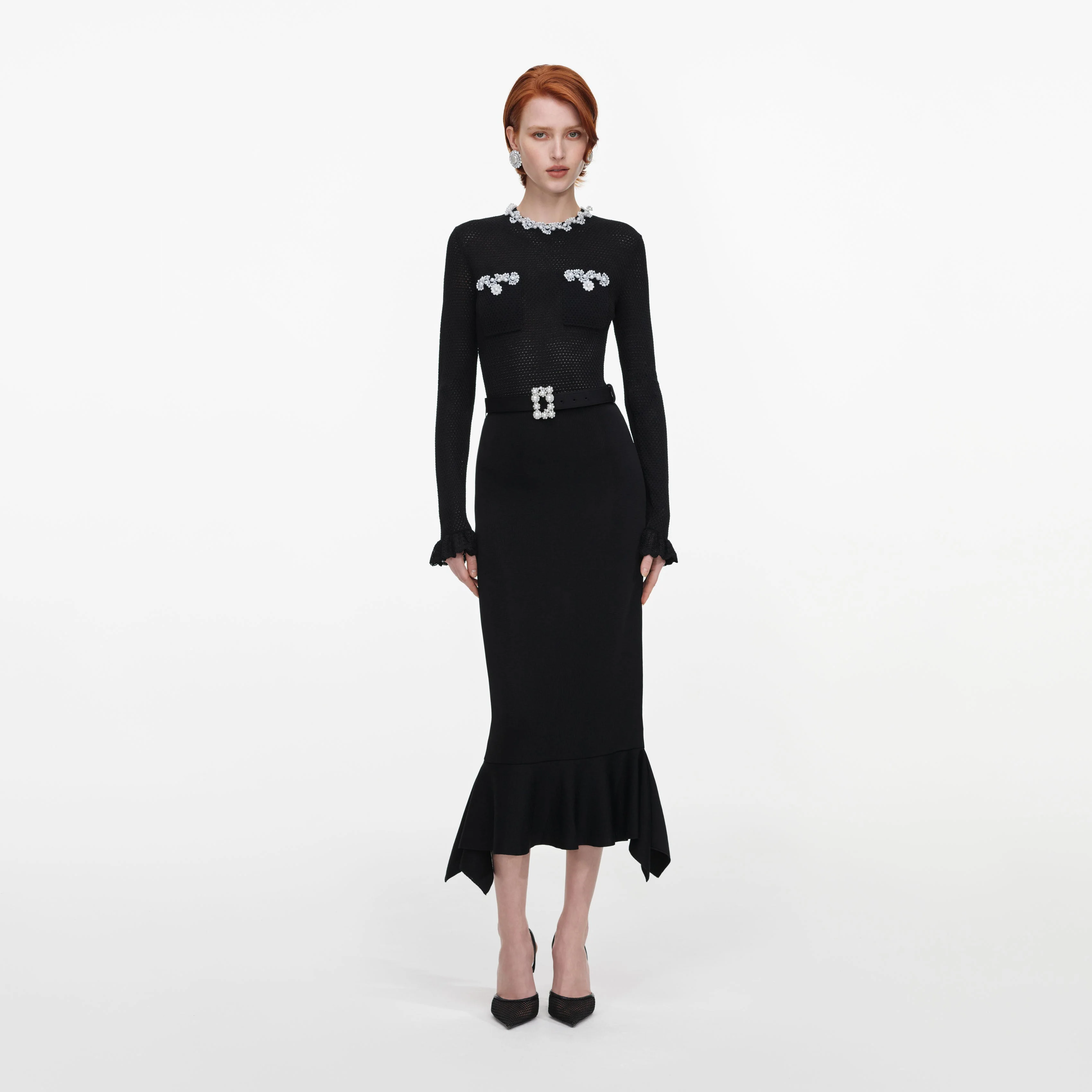 Black Pearl Trim Knit Midi Dress