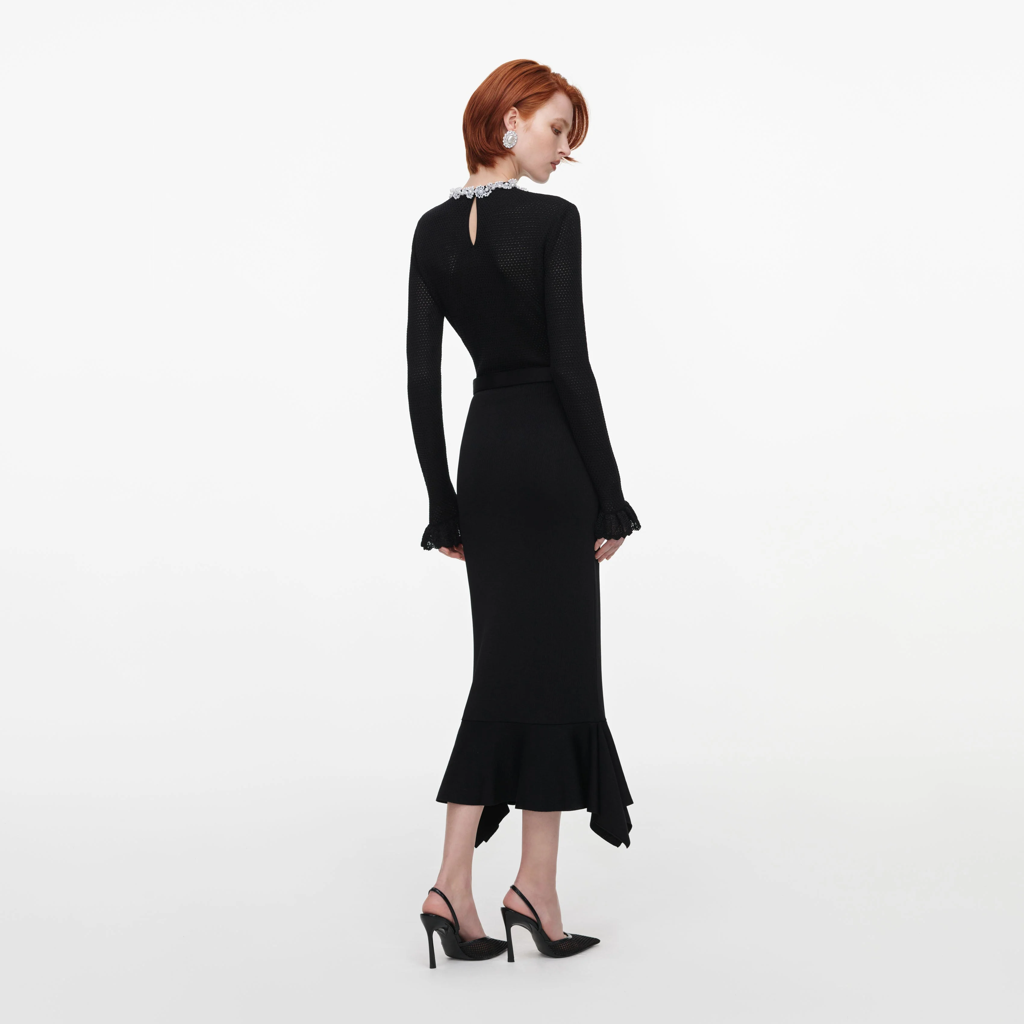 Black Pearl Trim Knit Midi Dress - Image 3