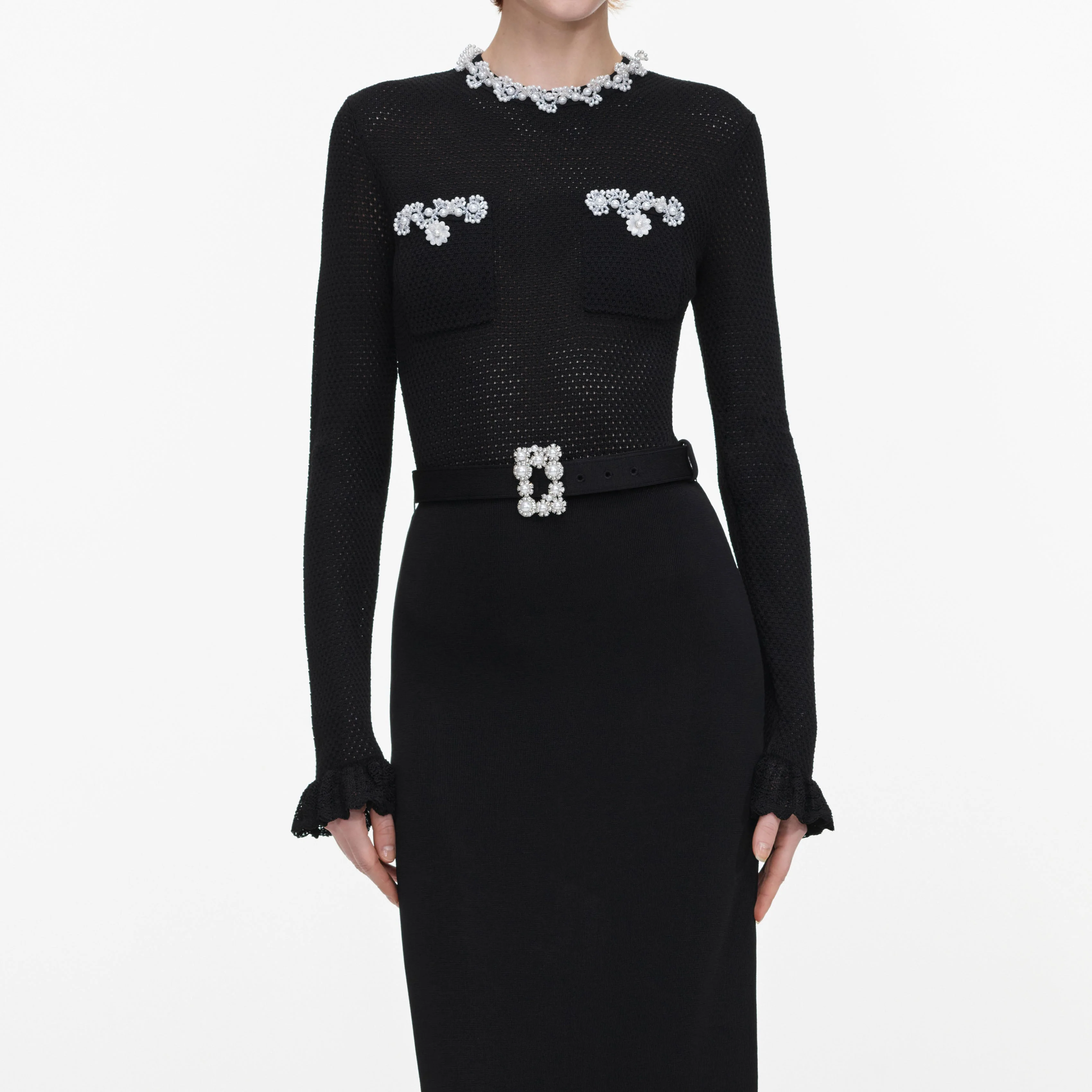 Black Pearl Trim Knit Midi Dress - Image 4