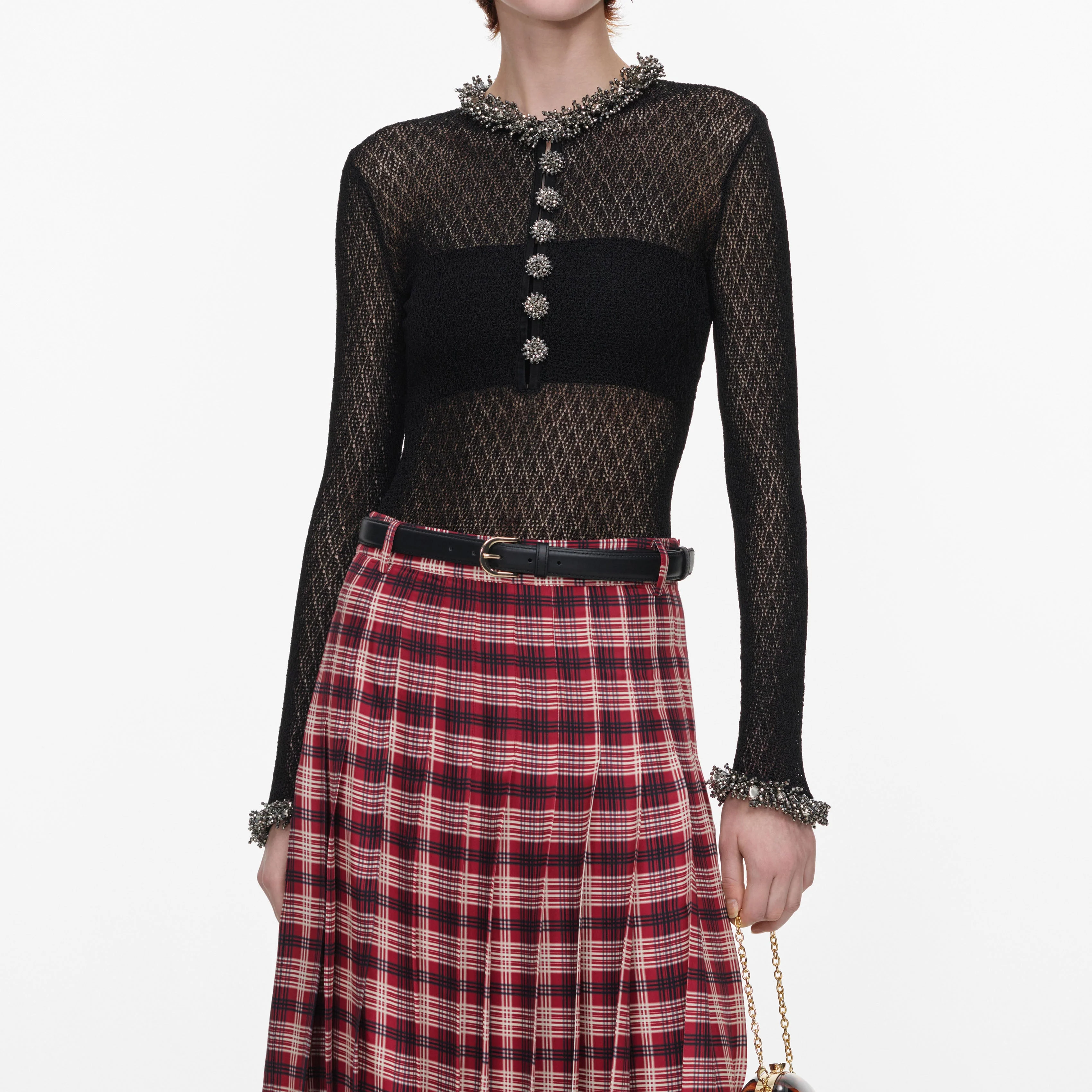 Black Pointelle Knit Embellished Bodysuit - Image 4