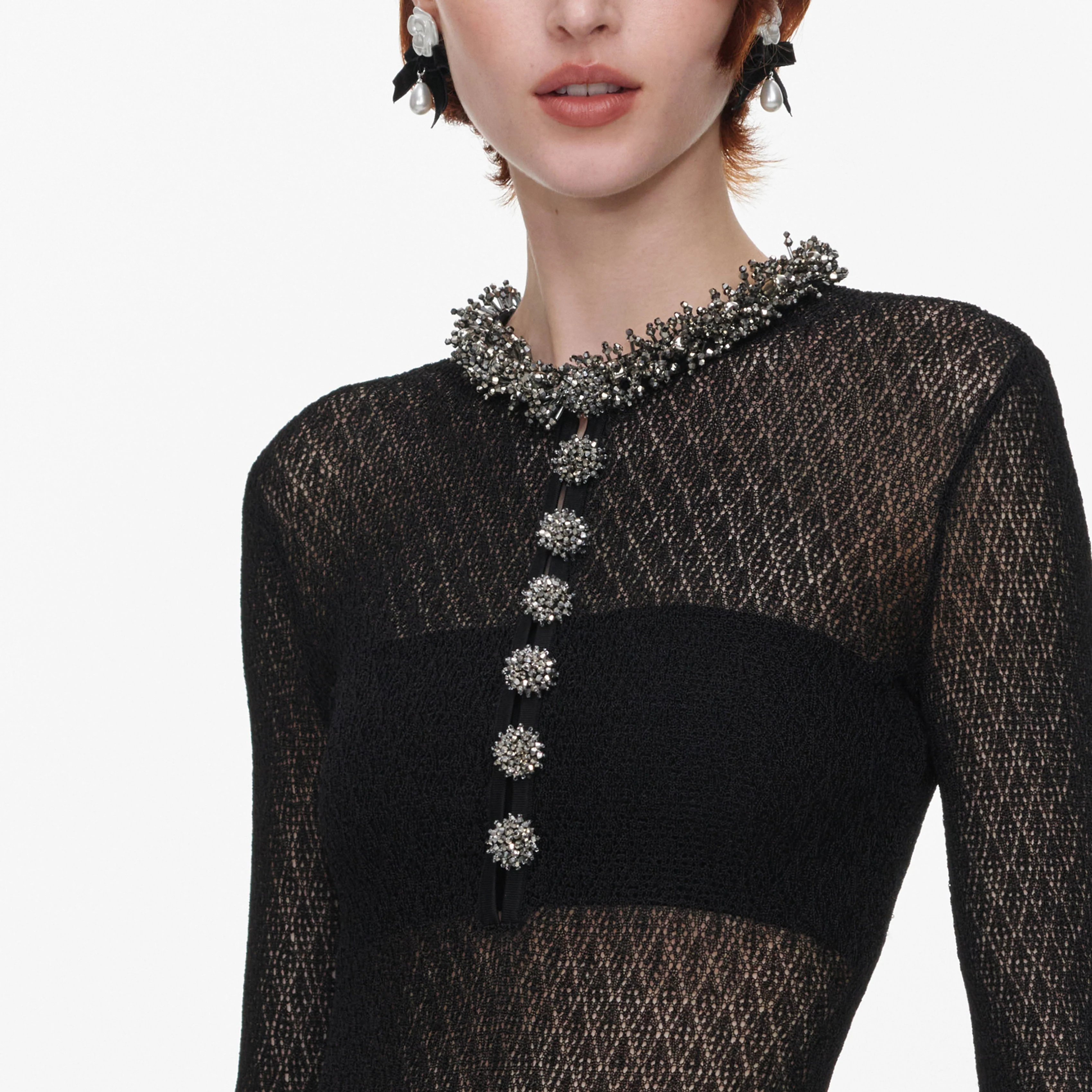Black Pointelle Knit Embellished Bodysuit - Image 5
