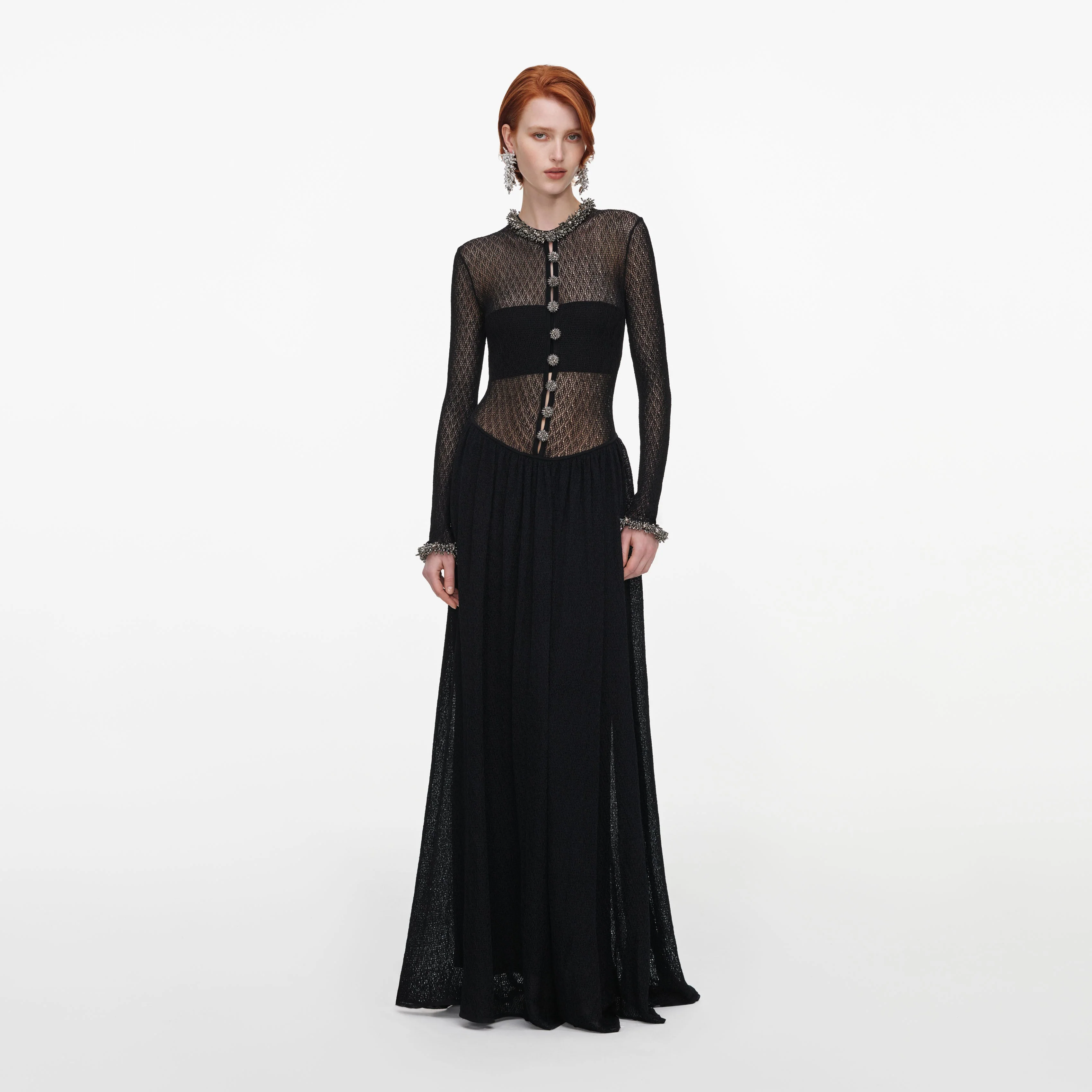 Black Pointelle Knit Embellished Maxi Dress