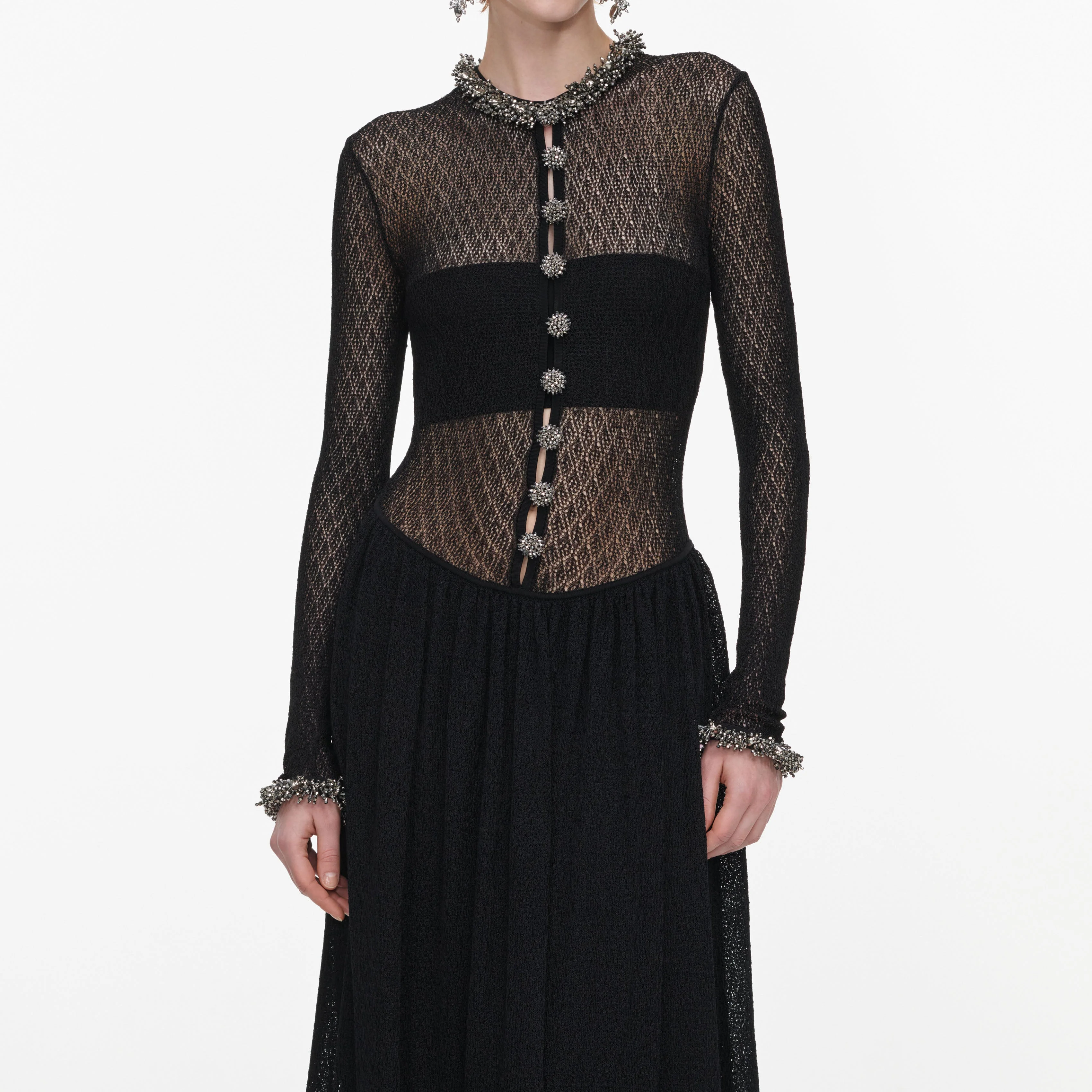 Black Pointelle Knit Embellished Maxi Dress - Image 4