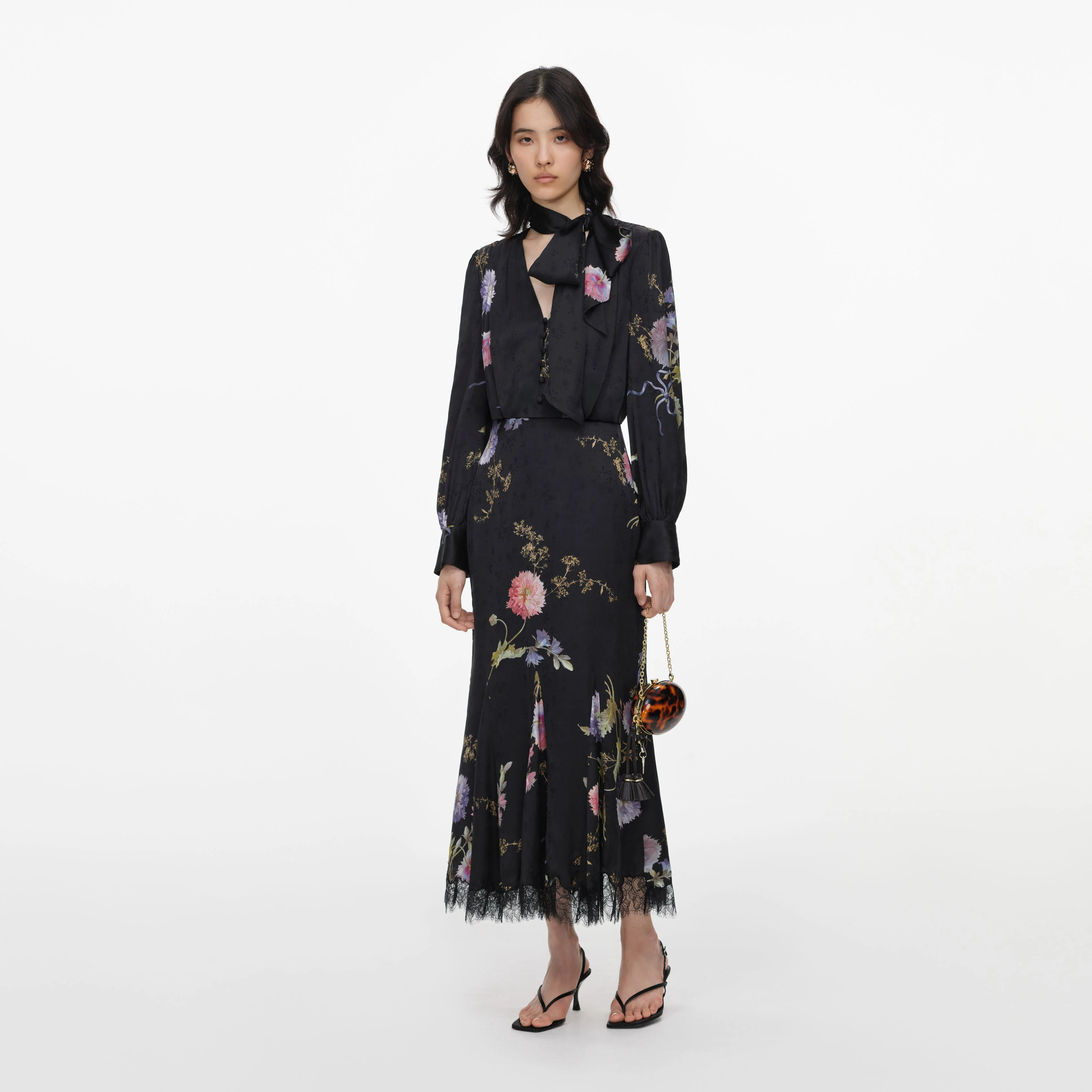 Black Satin Floral Printed Midi Dress - Image 2