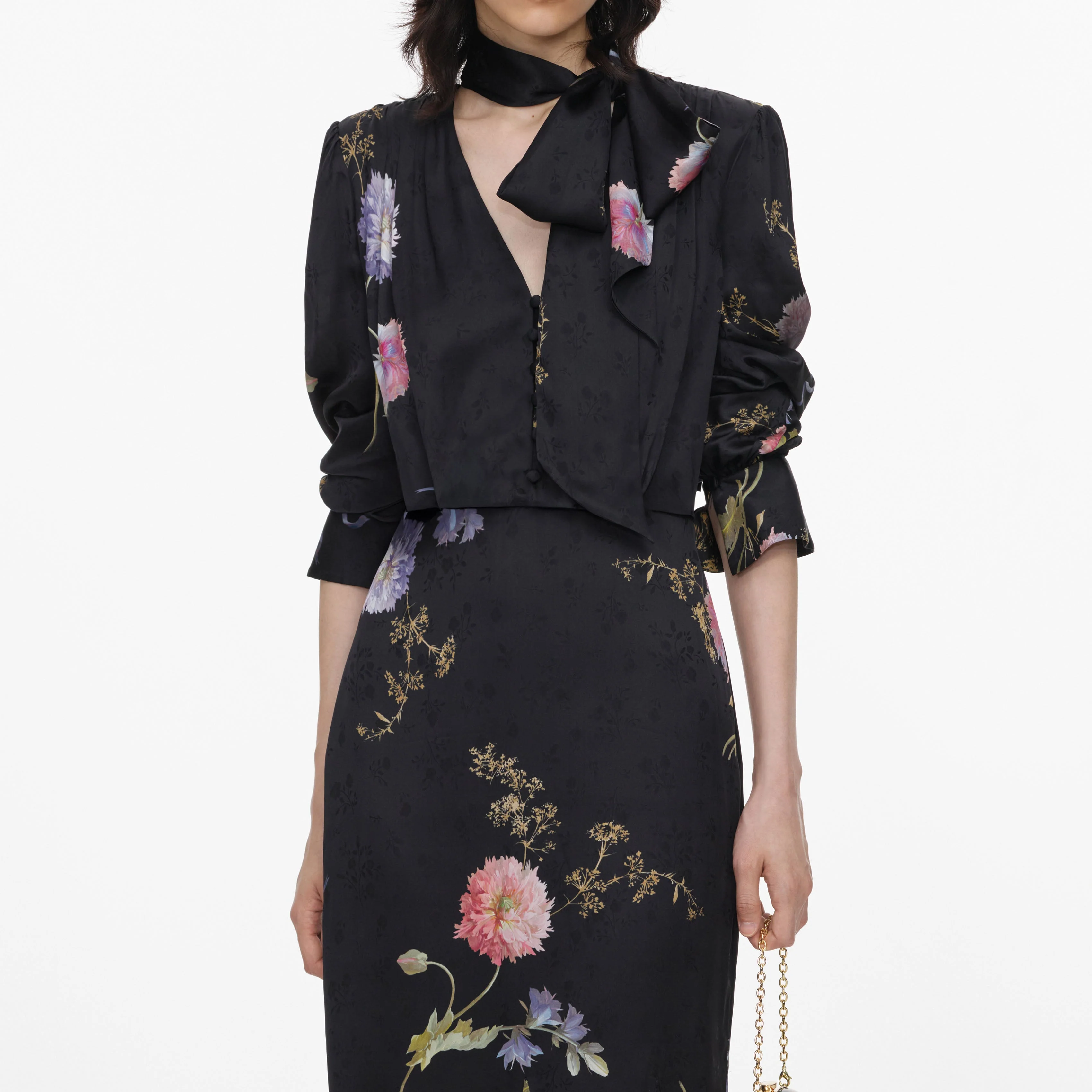 Black Satin Floral Printed Midi Dress - Image 4