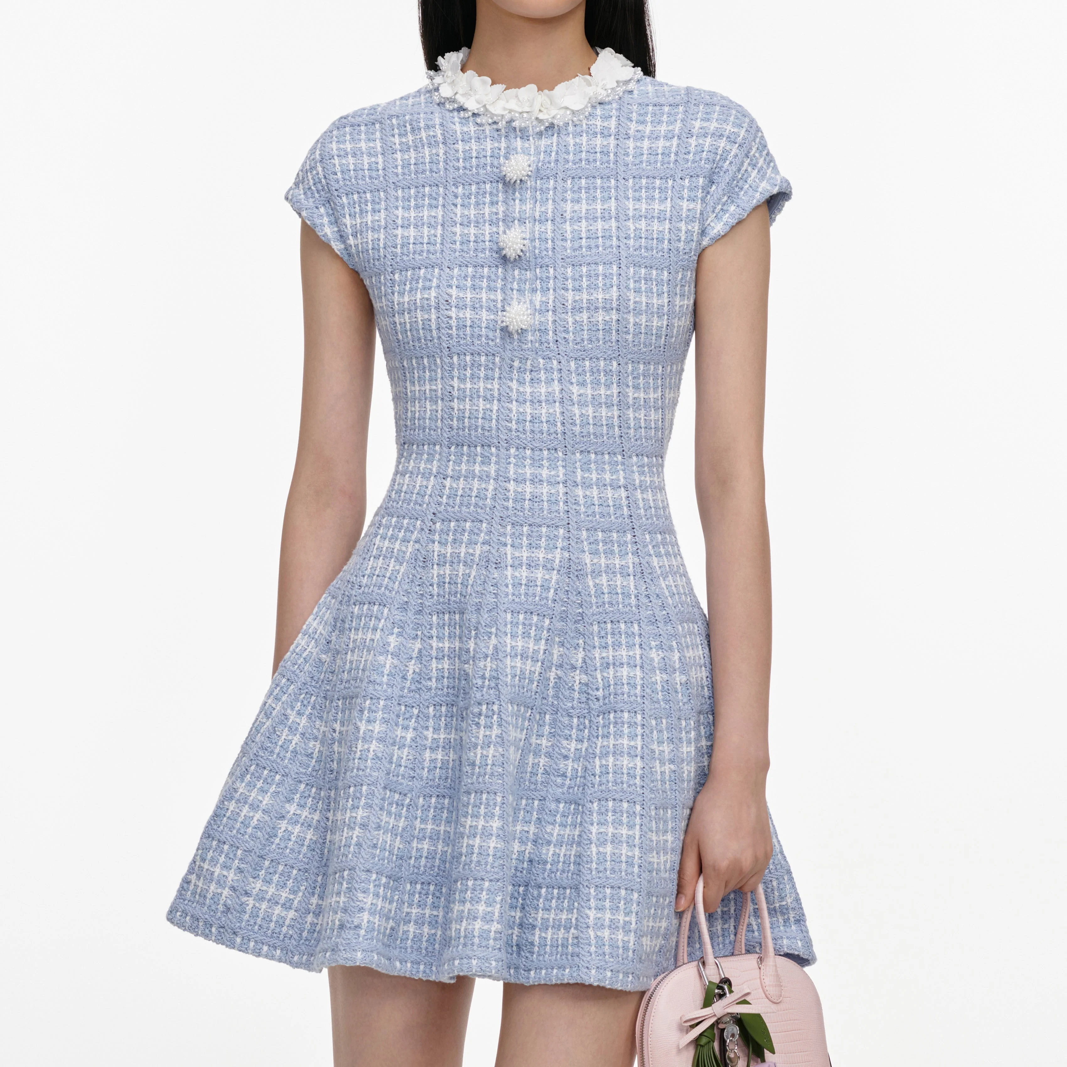Blue Check Knit Beaded Mini Dress - Image 4