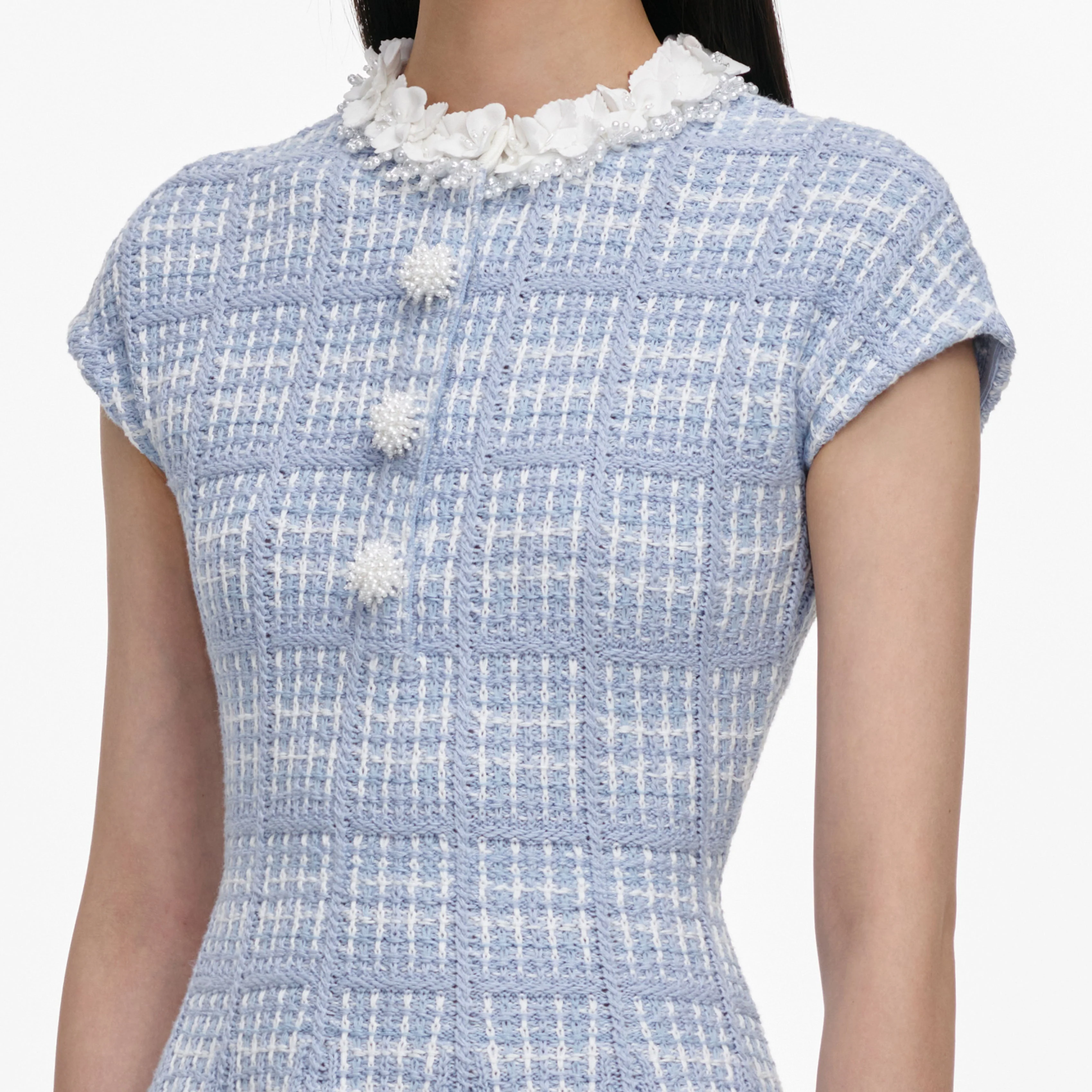 Blue Check Knit Beaded Mini Dress - Image 5