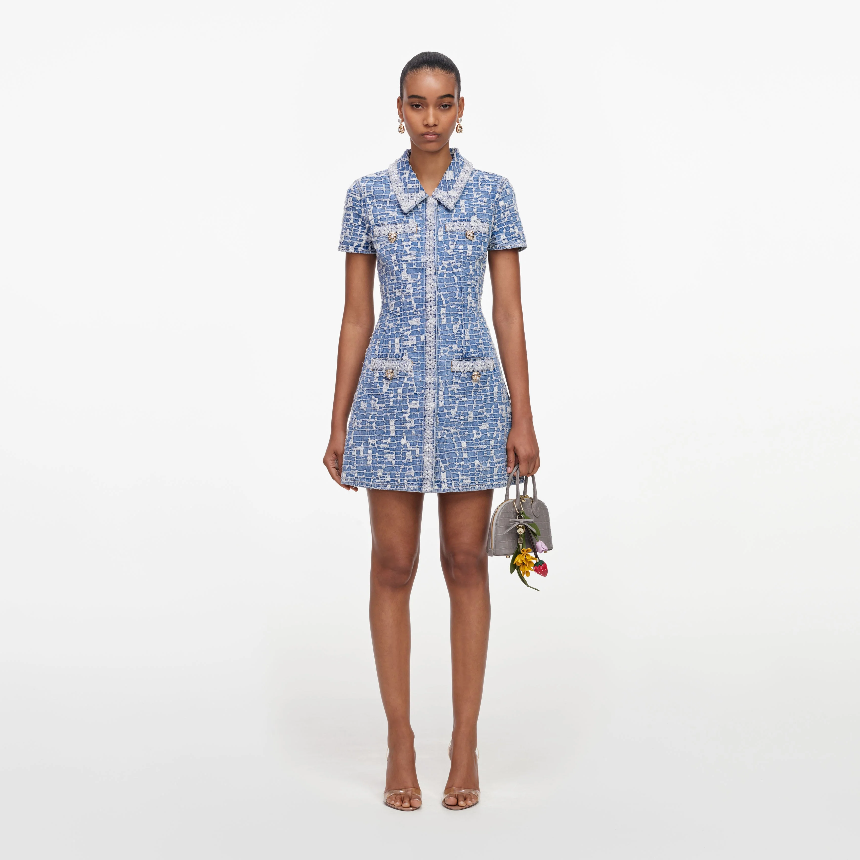 Blue Collared Textured Denim Mini Dress