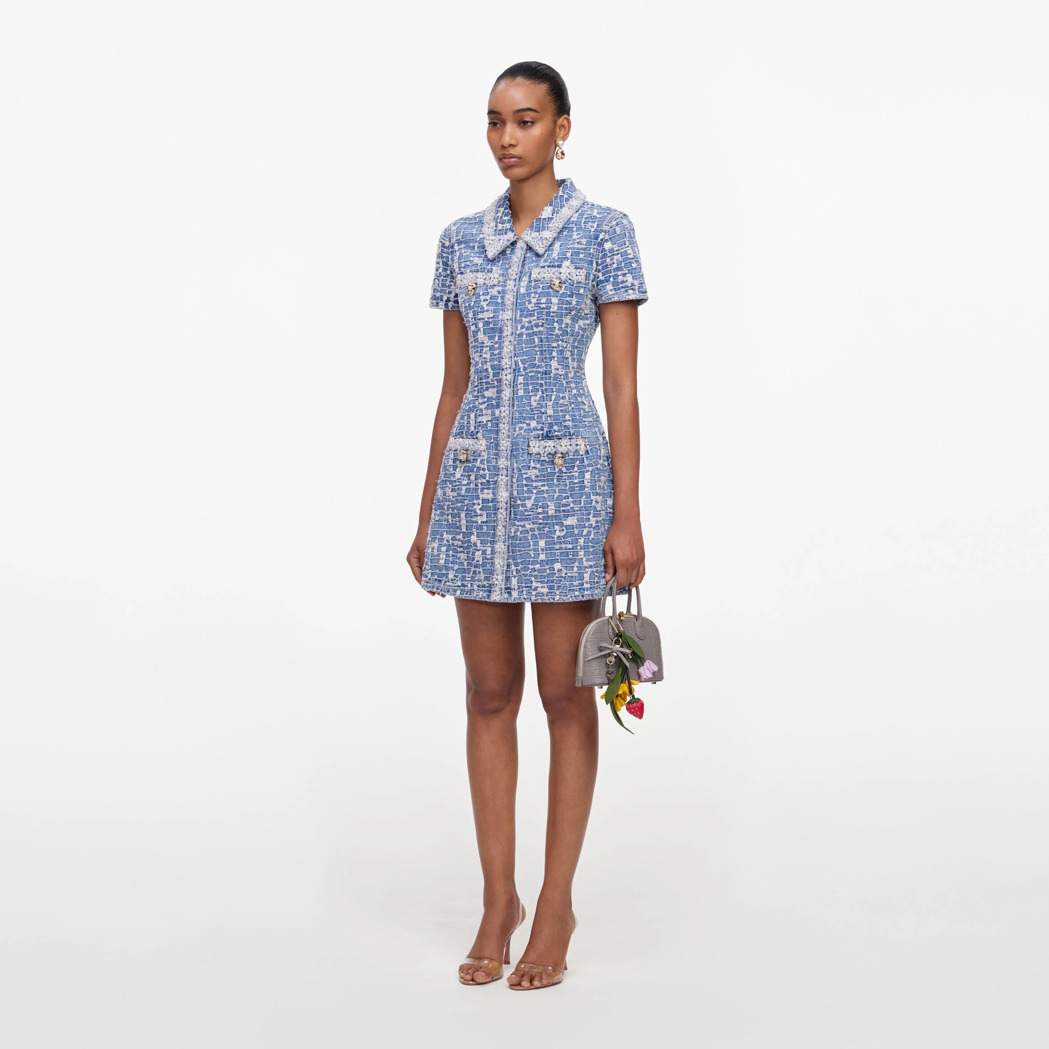 Blue Collared Textured Denim Mini Dress - Image 2