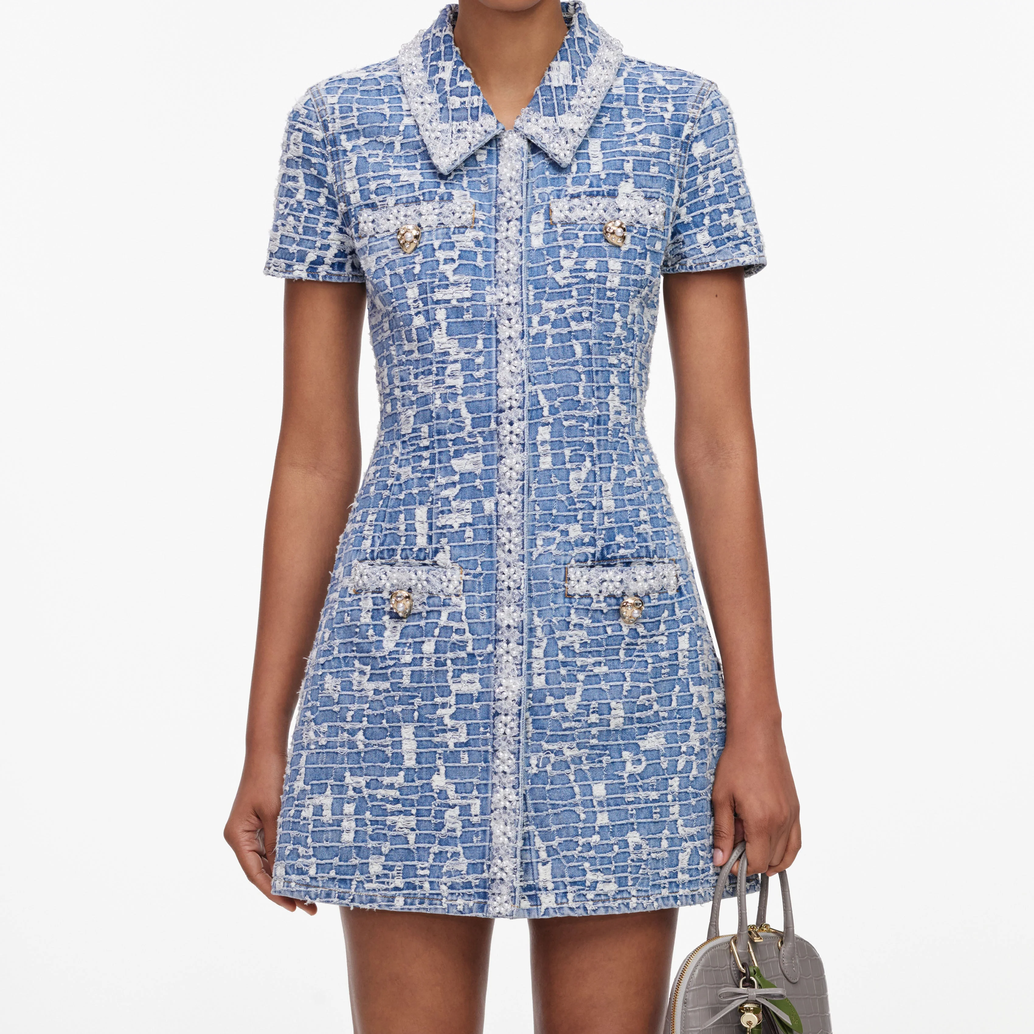 Blue Collared Textured Denim Mini Dress - Image 4