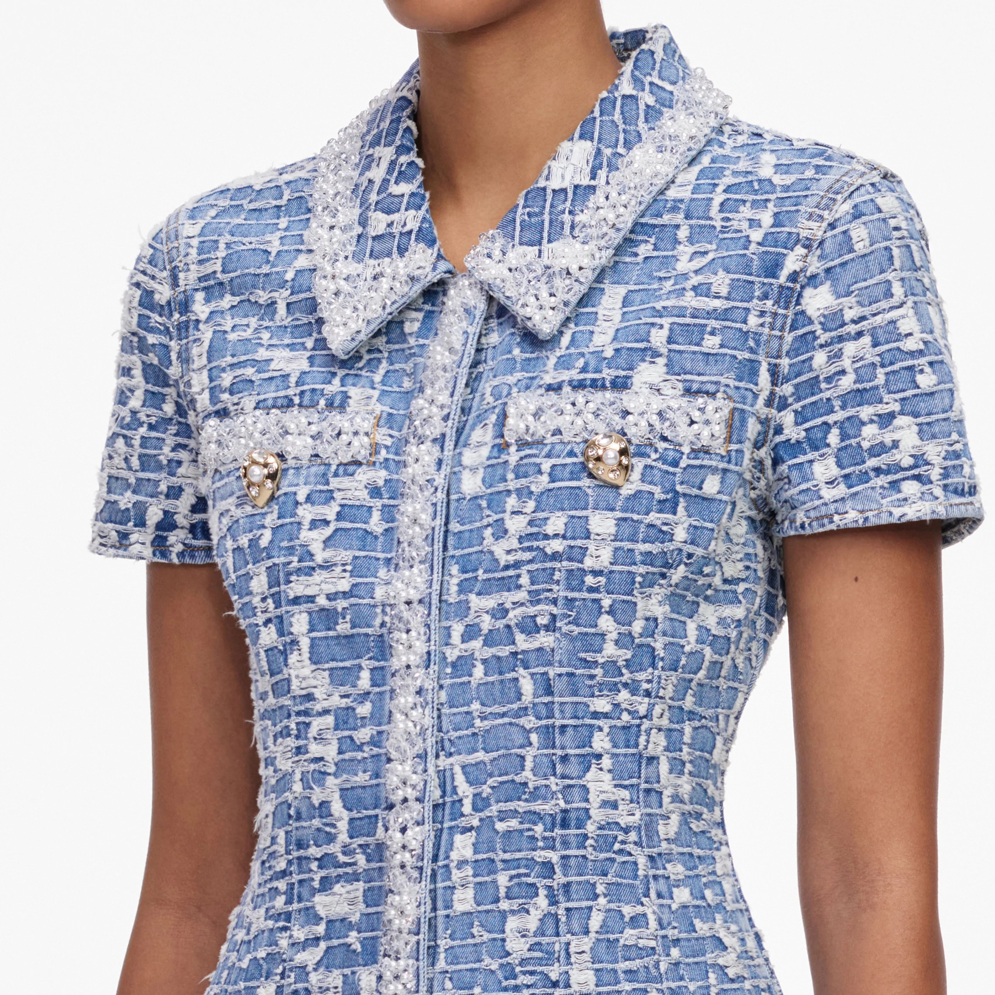Blue Collared Textured Denim Mini Dress - Image 5
