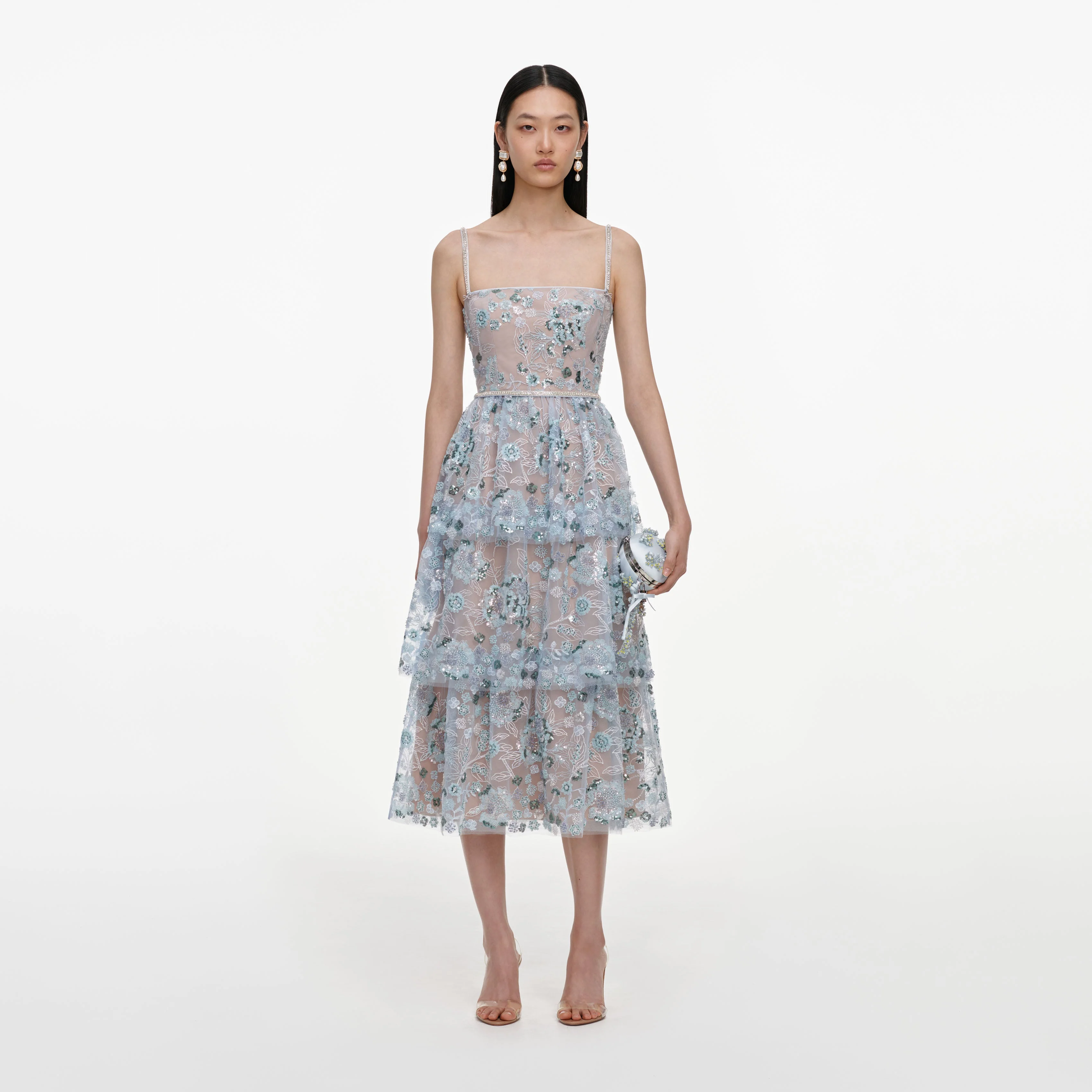 Blue Sequin Embellished Tiered Midi Dress