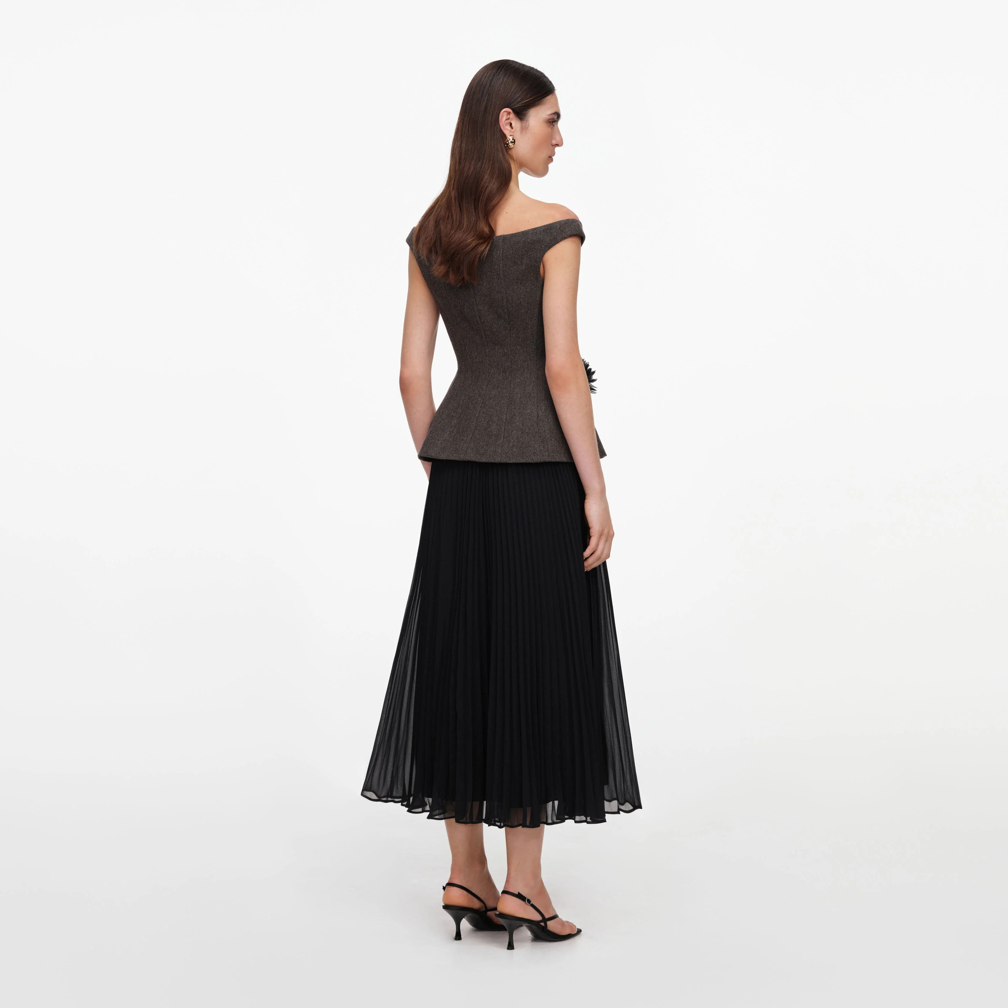 Brown Off Shoulder Chiffon Midi Dress - Image 3