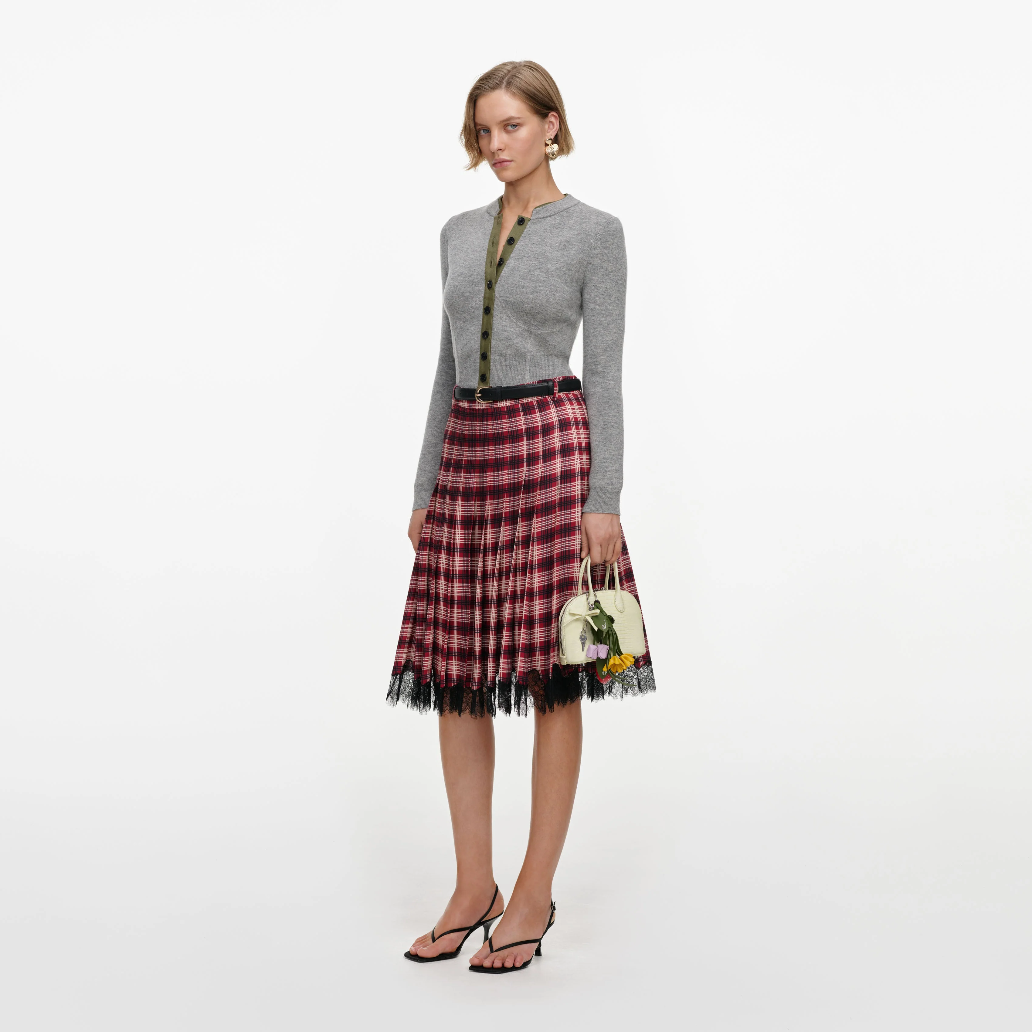 Burgundy Check Chiffon Midi Skirt - Image 2