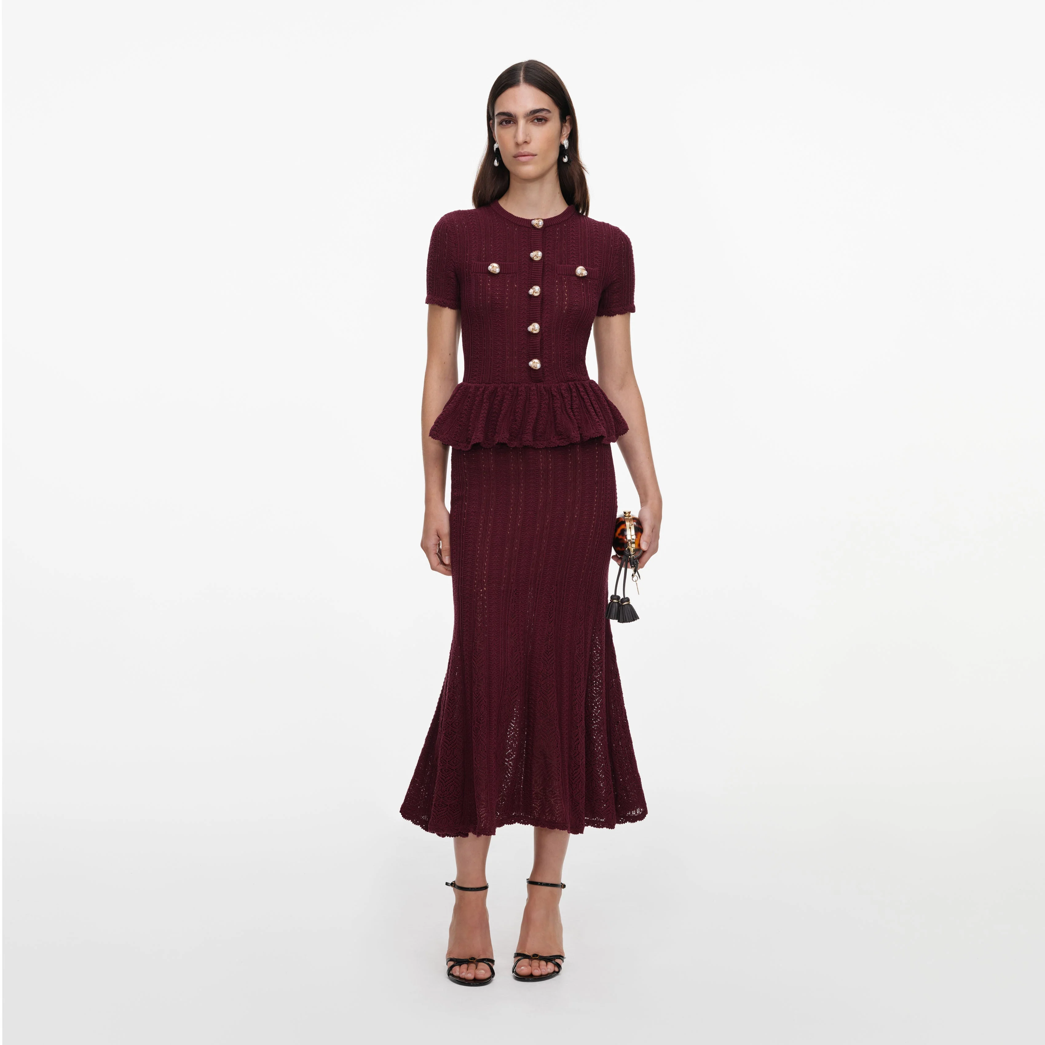 Burgundy Pointelle Peplum Knit Midi Dress