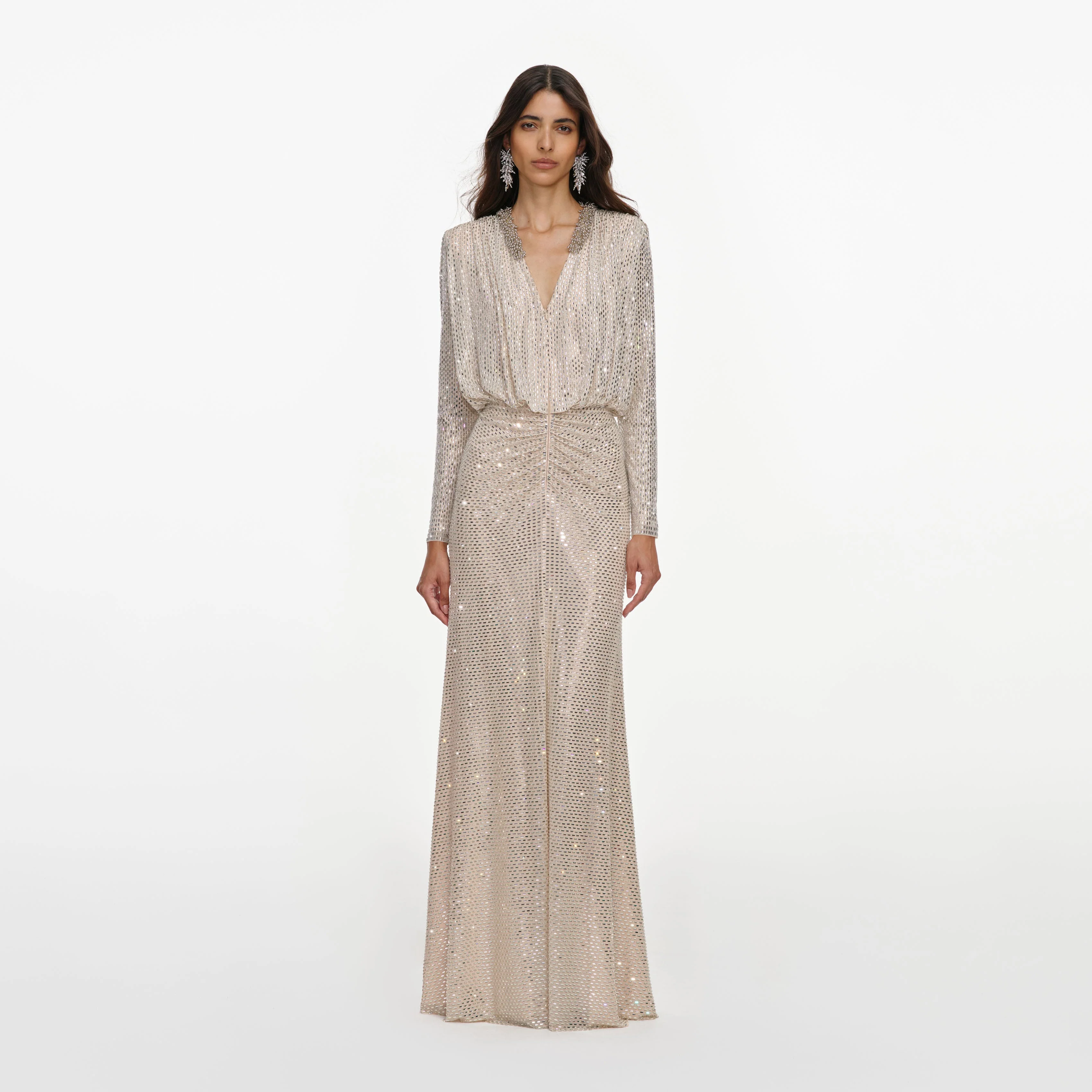 Champagne Rhinestone Embellished Maxi Dress