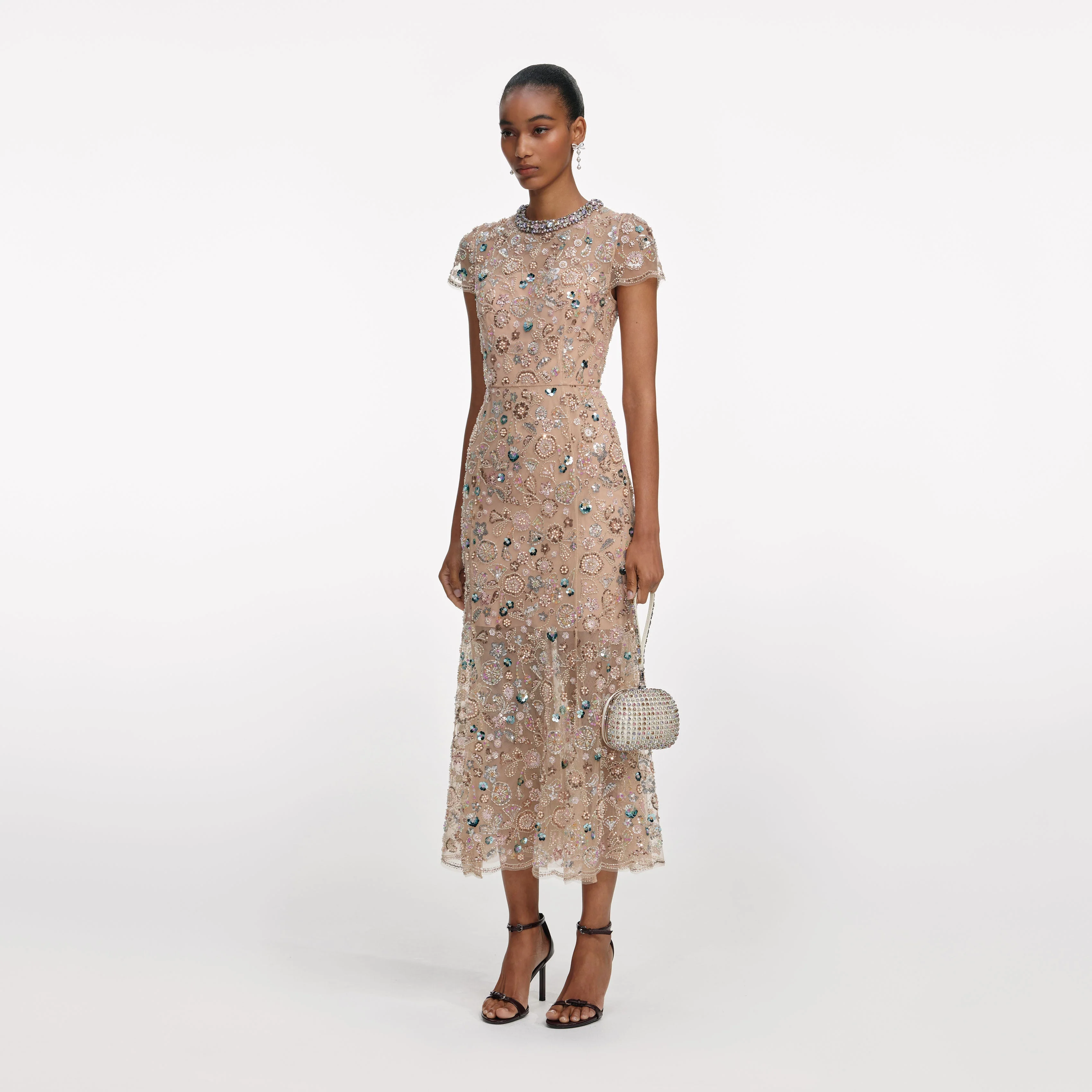 Champagne Sequin Embroidered Midi Dress - Image 2