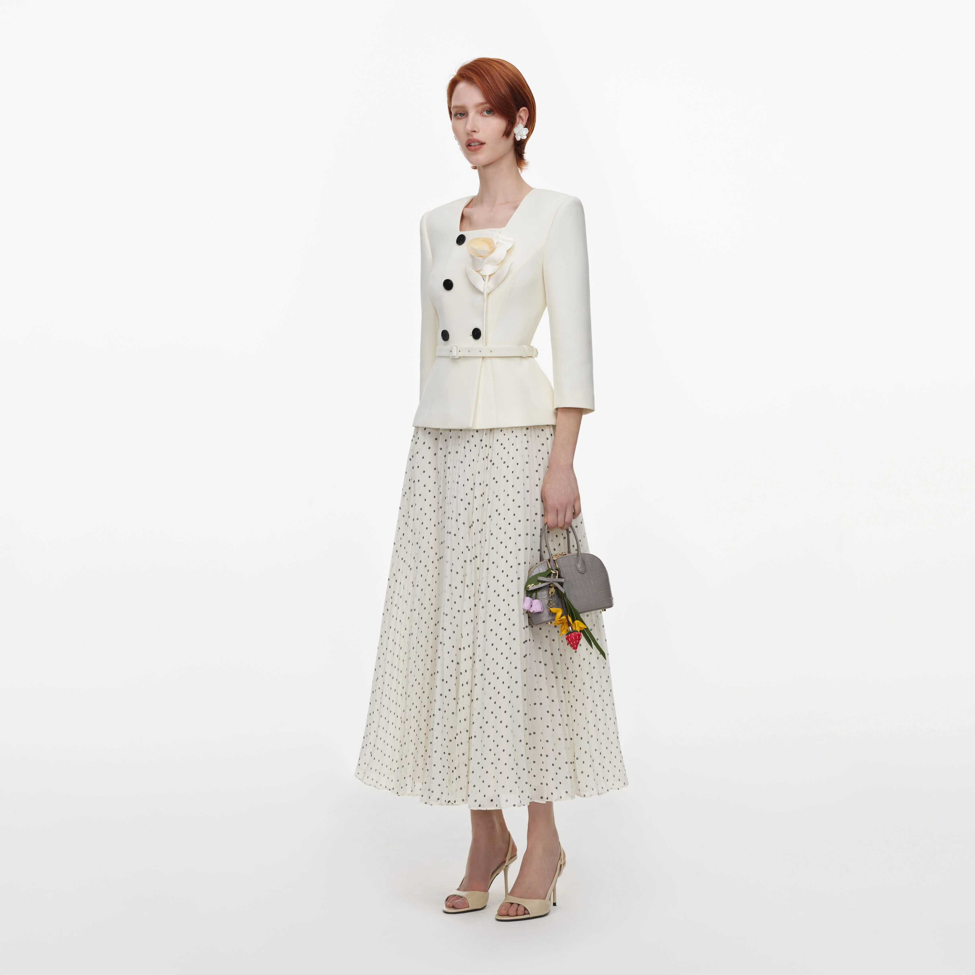 Cream 3D Flower Polka Dot Chiffon Midi Dress - Image 2