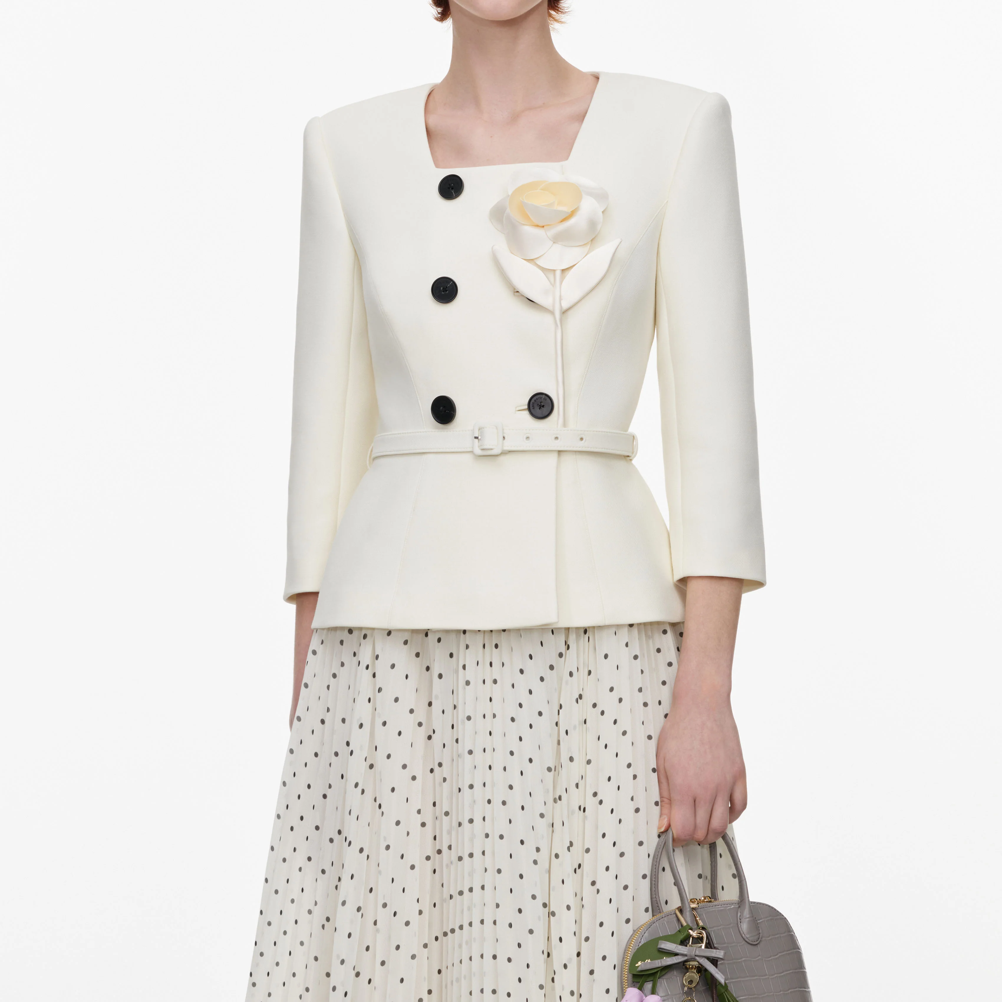 Cream 3D Flower Polka Dot Chiffon Midi Dress - Image 4