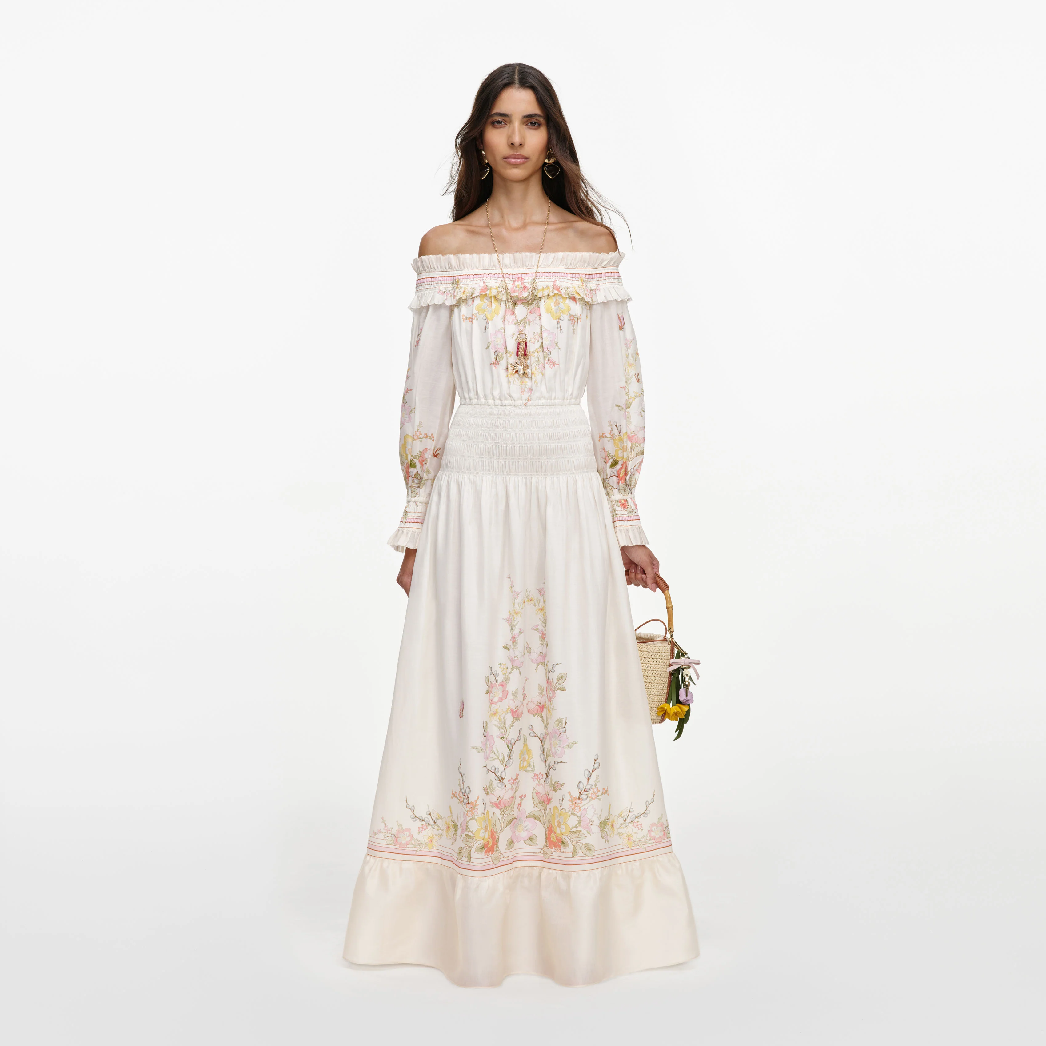 Cream Floral Organza Ruffle Maxi Dress