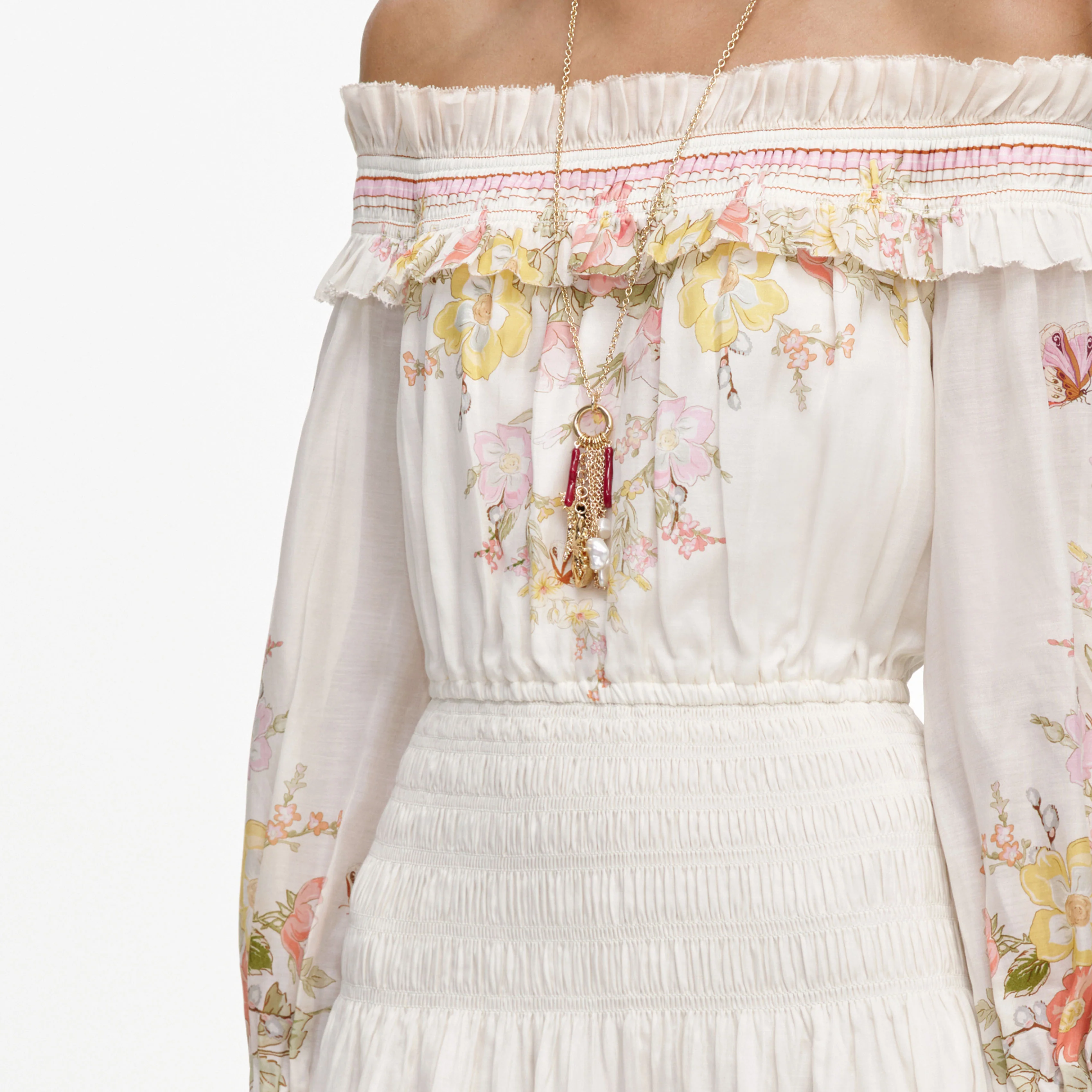 Cream Floral Organza Ruffle Maxi Dress - Image 5
