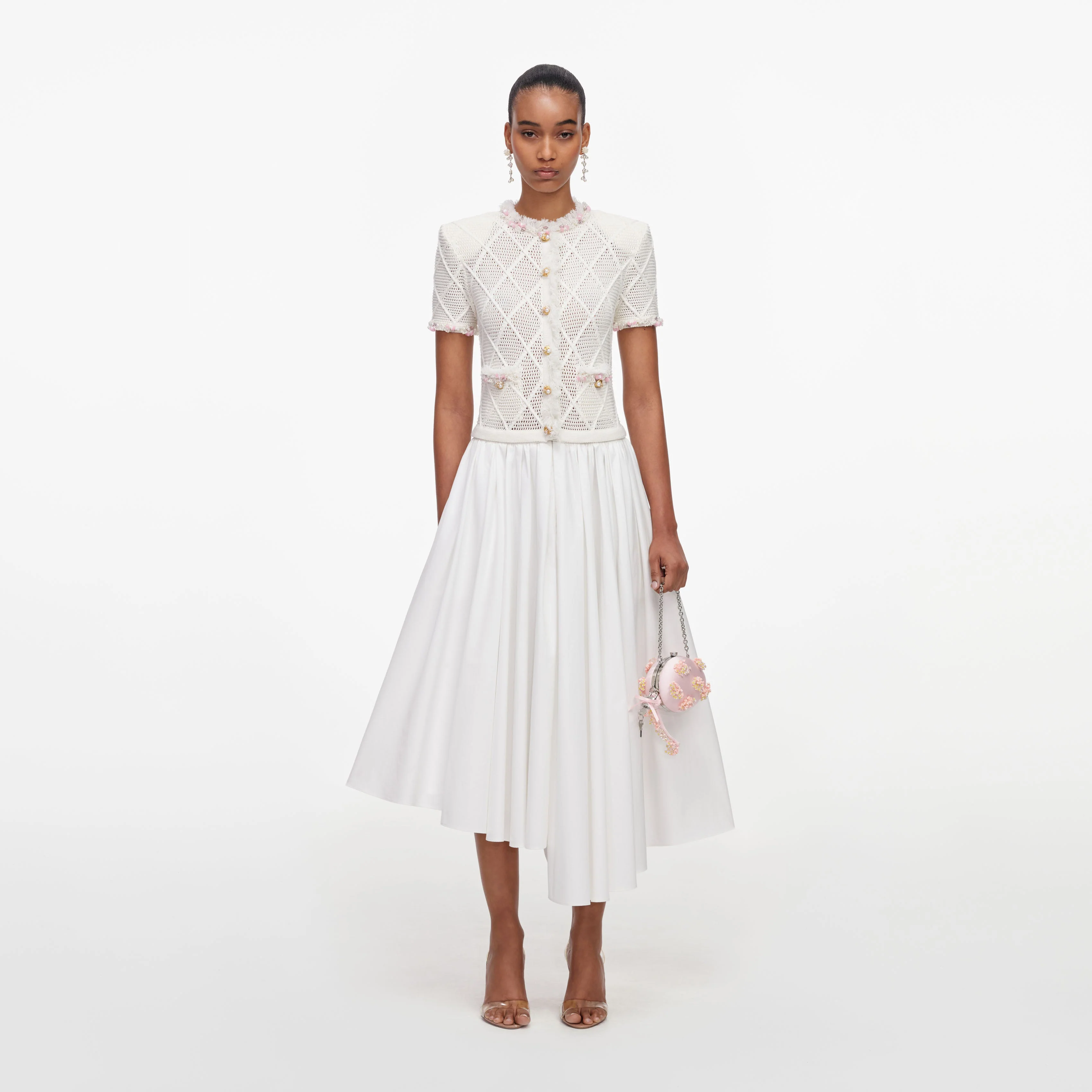 Cream Fringe Knit Cotton Midi Dress