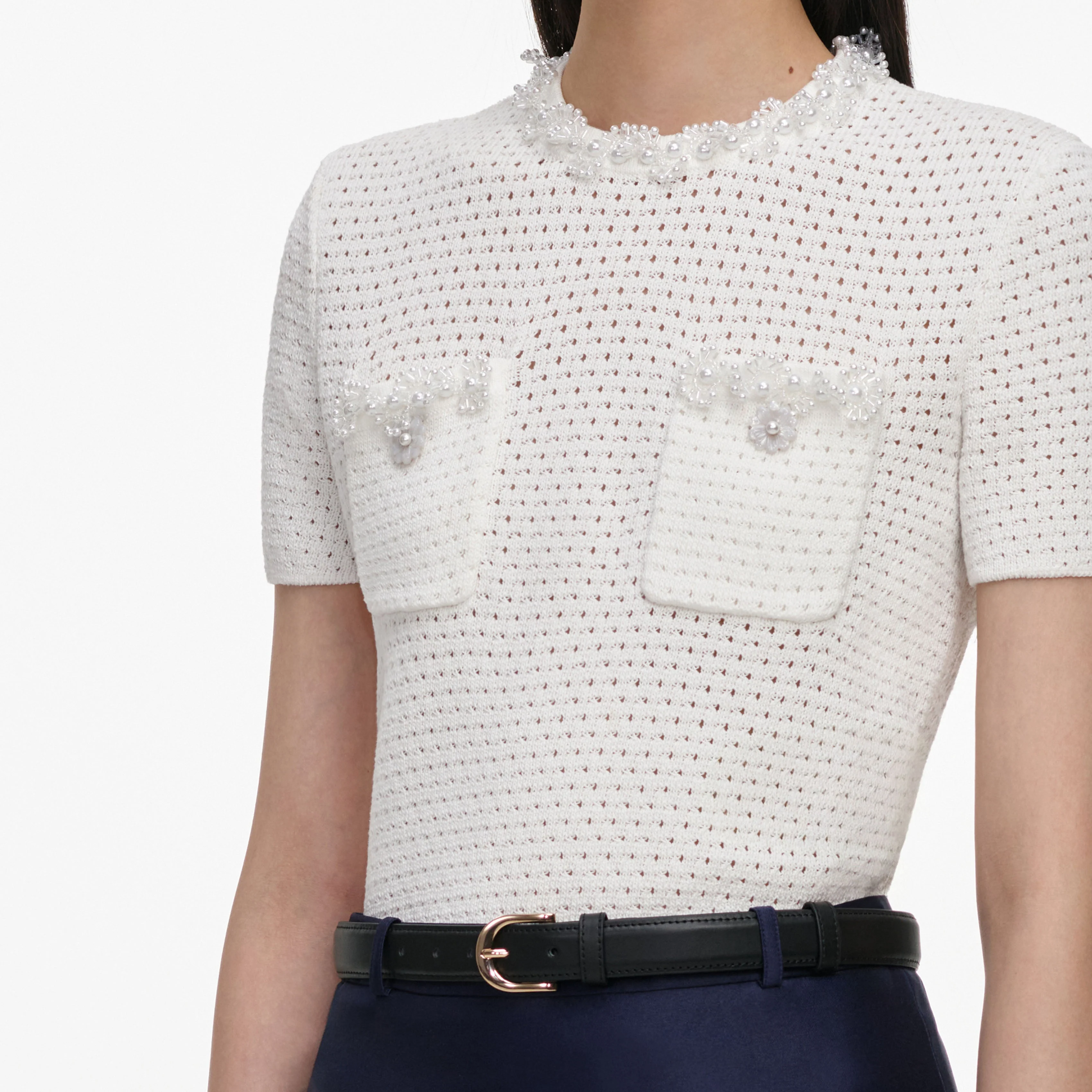 Cream Knit Pearl Trim Top - Image 5