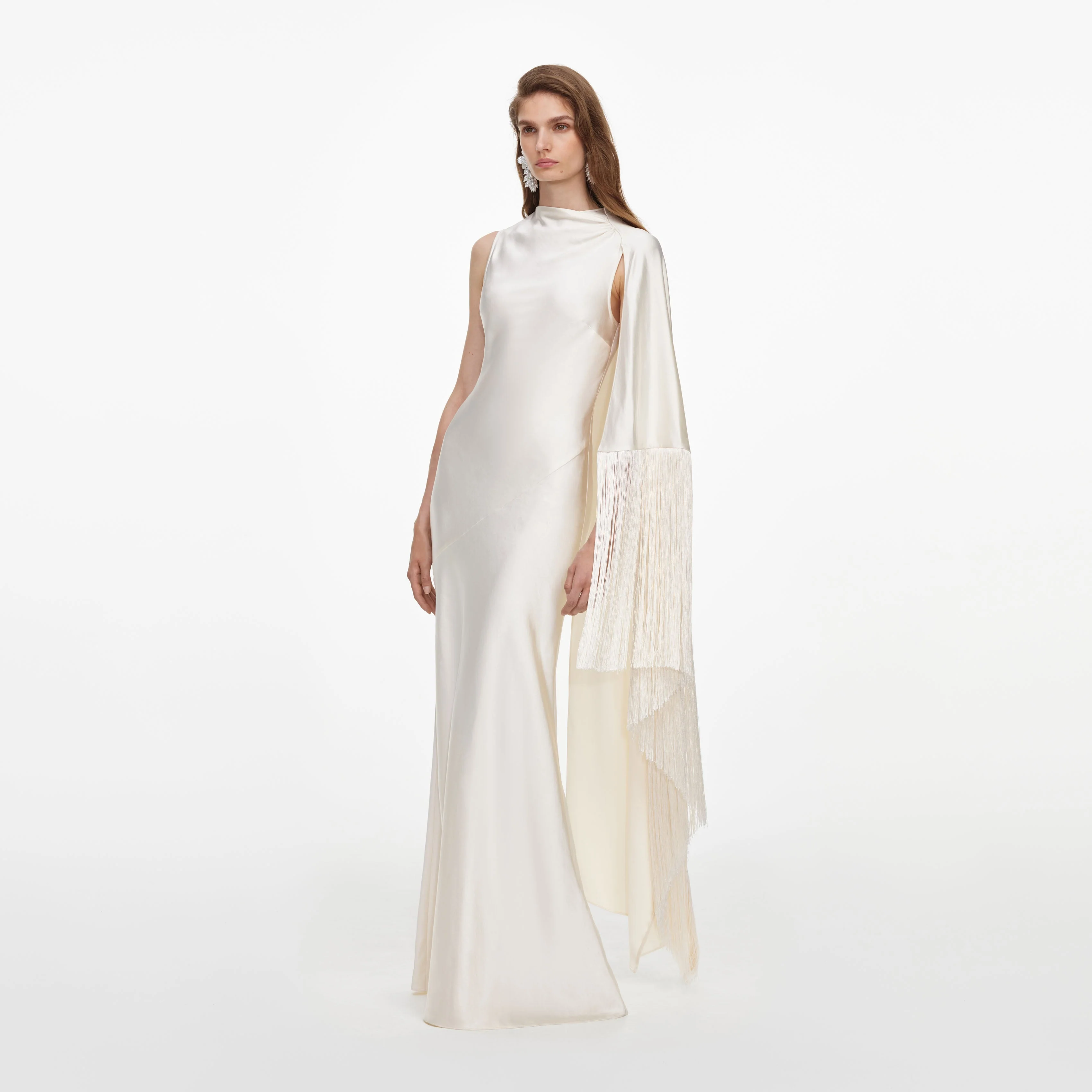 Cream Satin Fringed Maxi Dress - Image 2