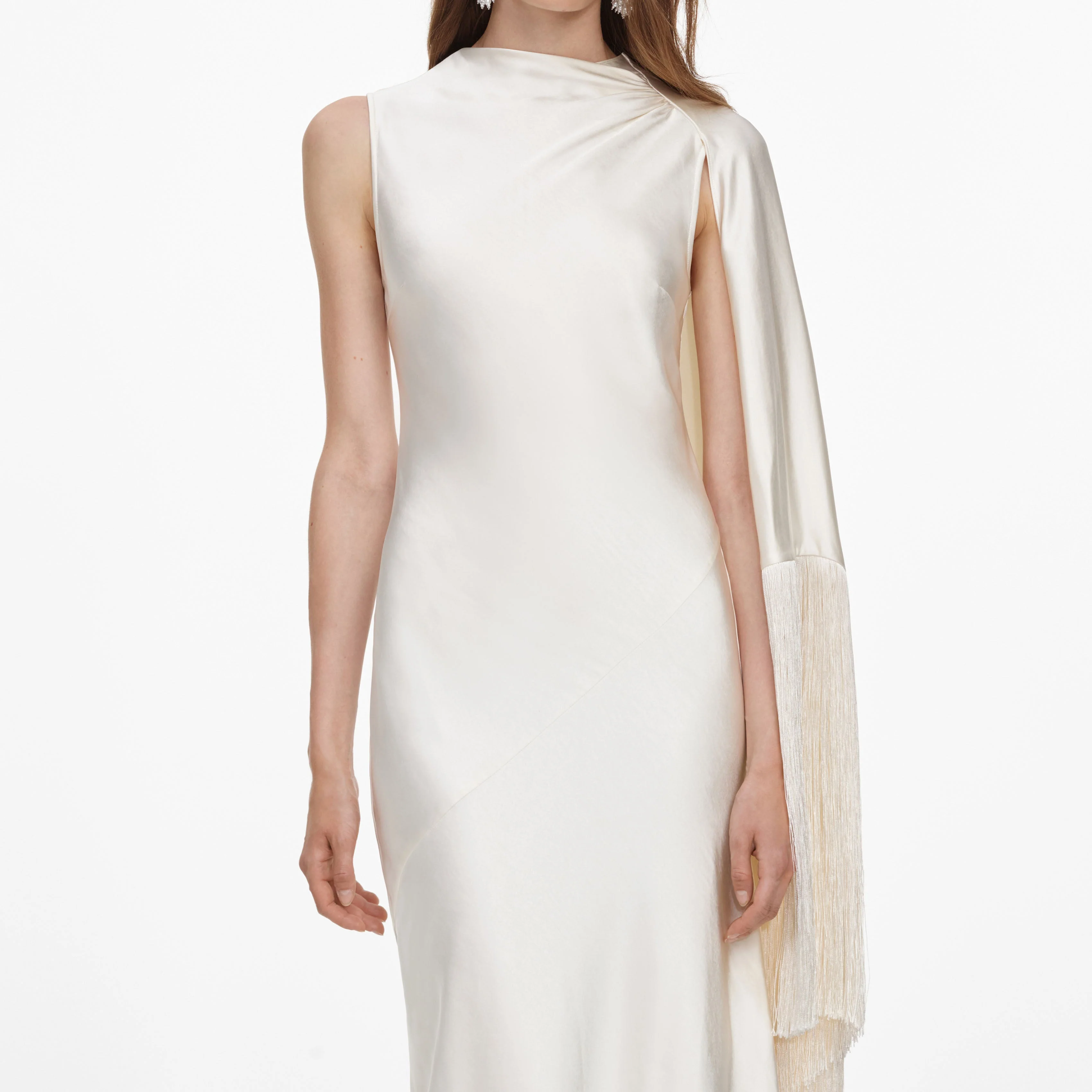 Cream Satin Fringed Maxi Dress - Image 4
