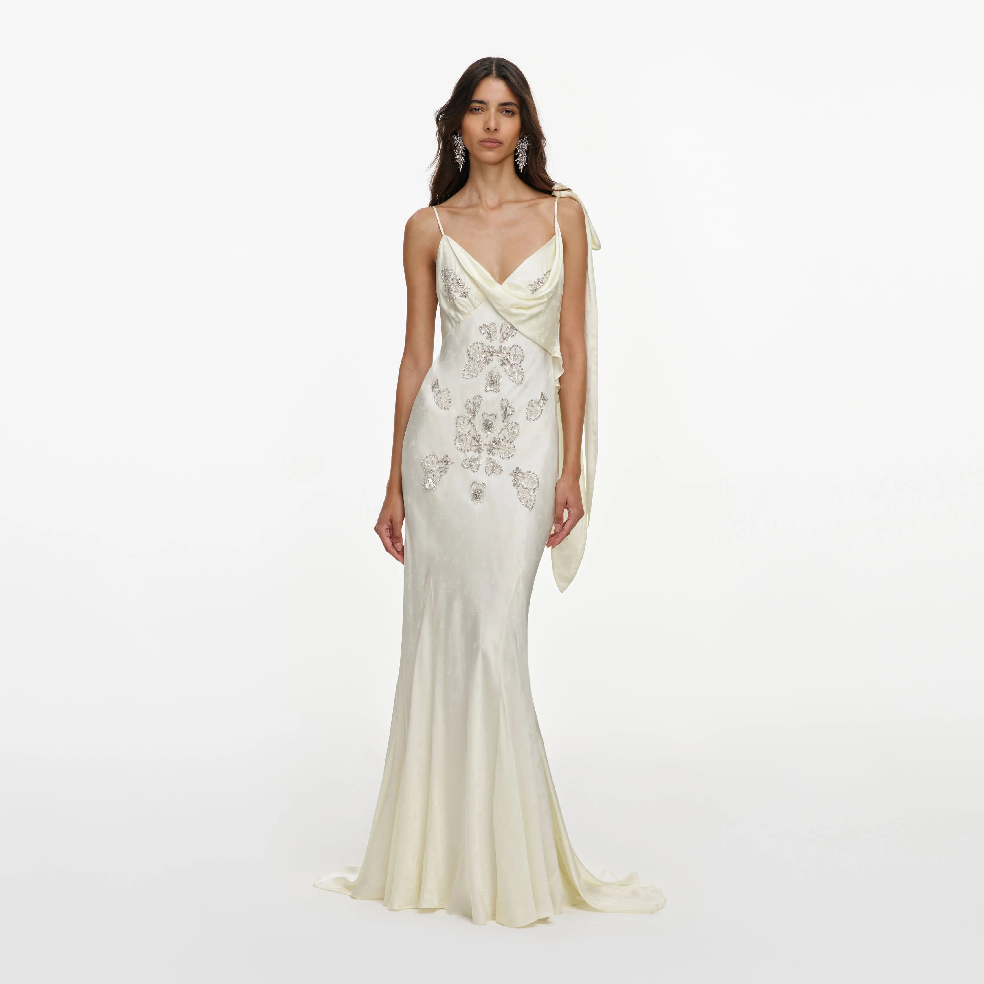Cream Satin Jacquard Embellished Maxi Dress