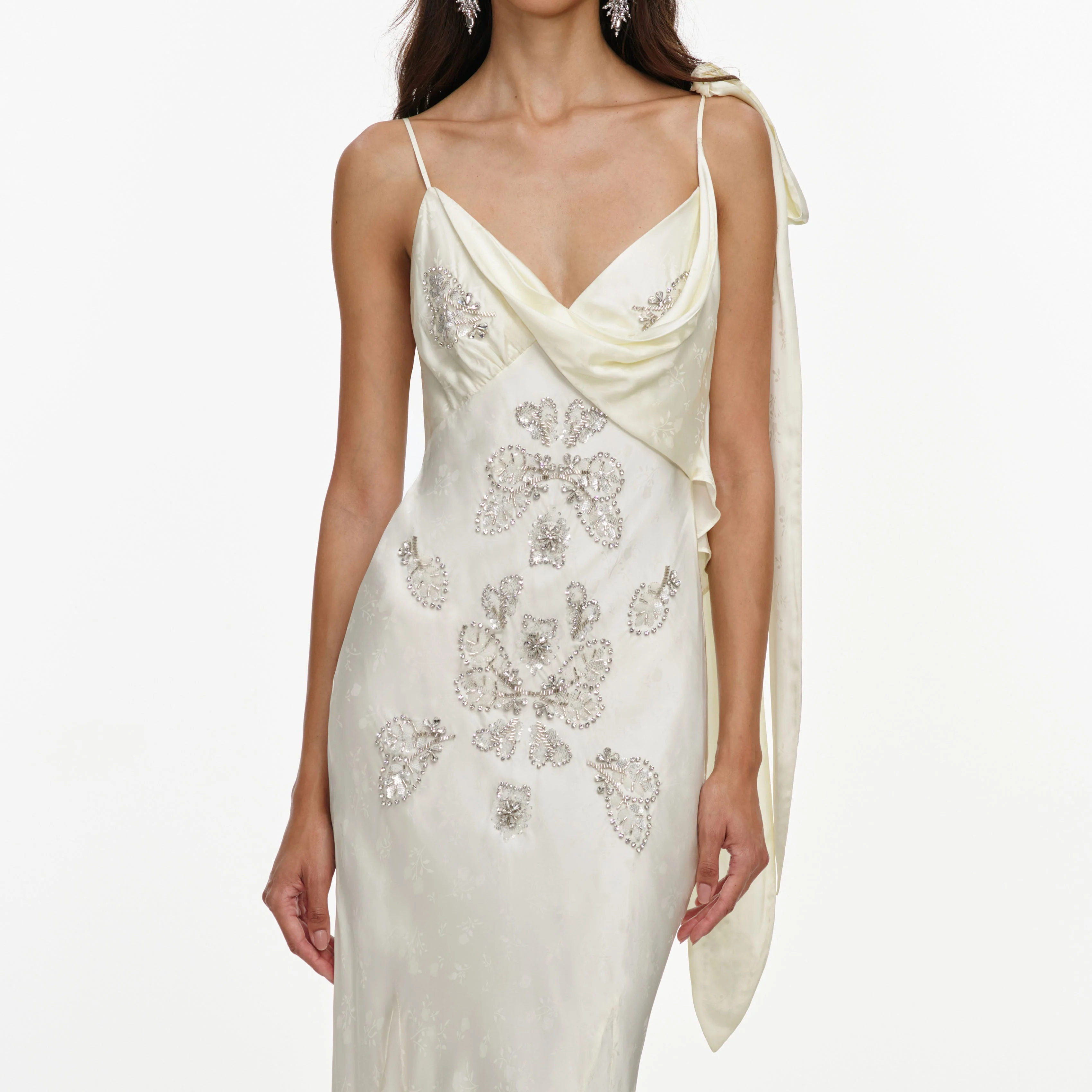 Cream Satin Jacquard Embellished Maxi Dress - Image 4
