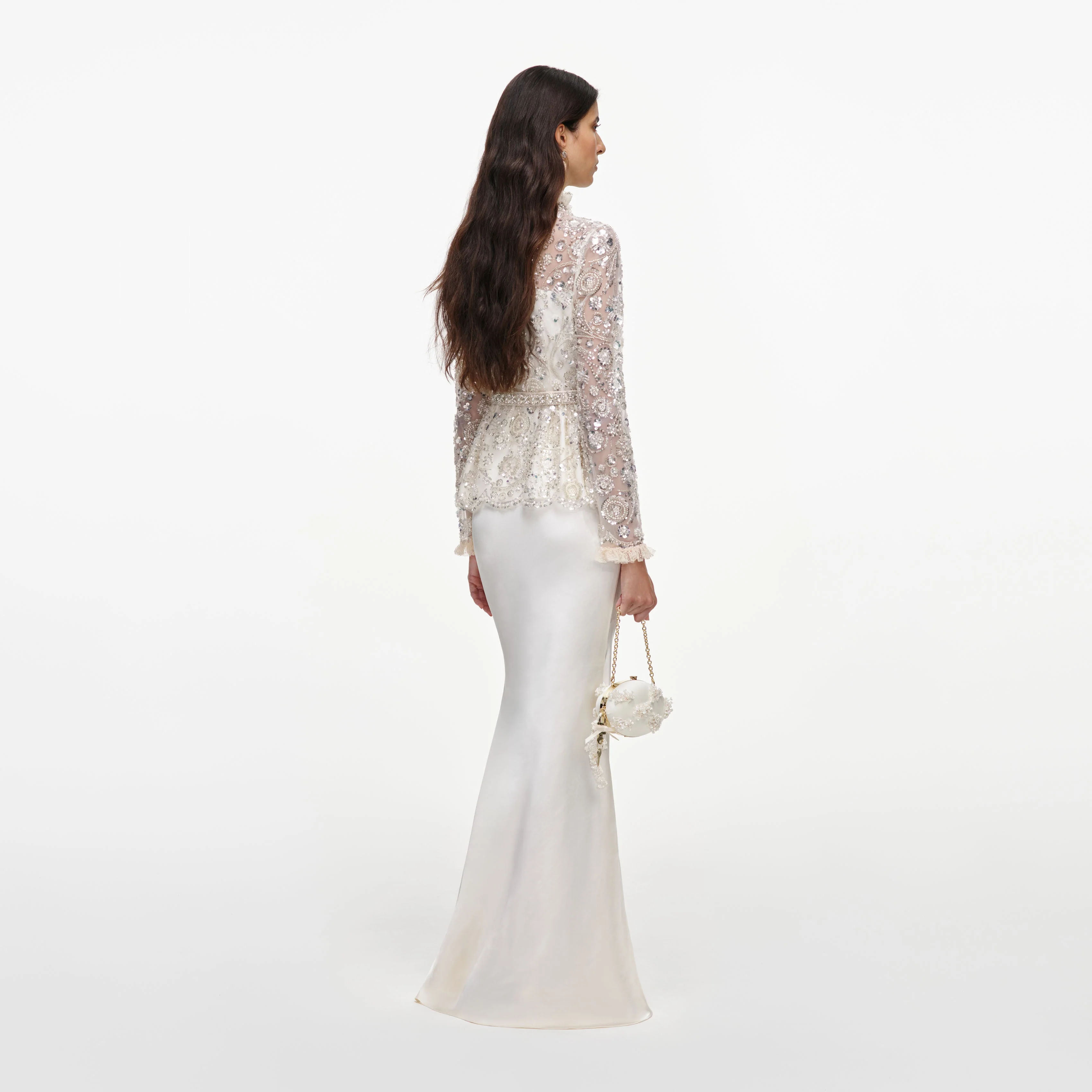 Cream Sequin Embellished Satin Maxi Dress - Image 3