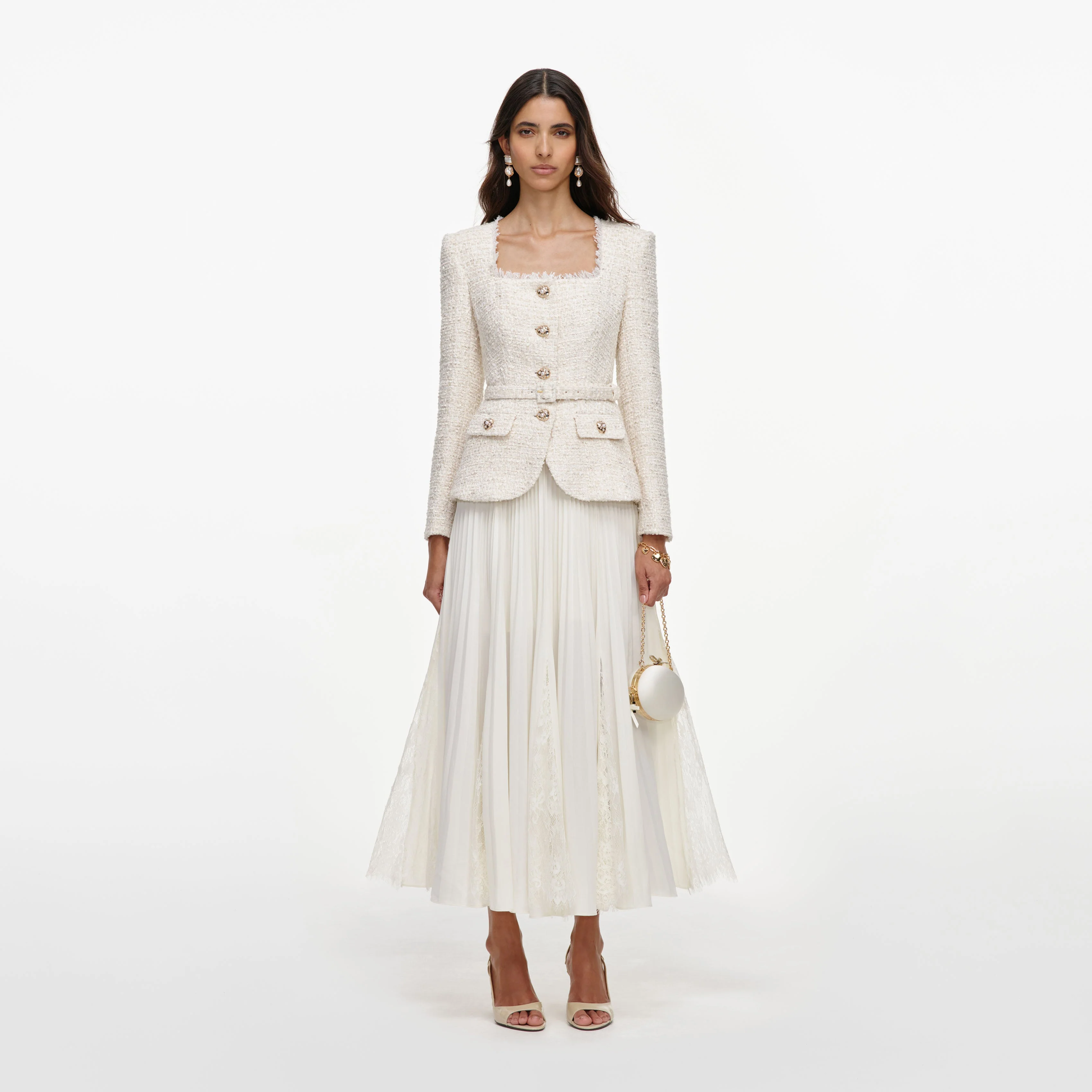Cream Tailored Boucle And Chiffon Midi Dress