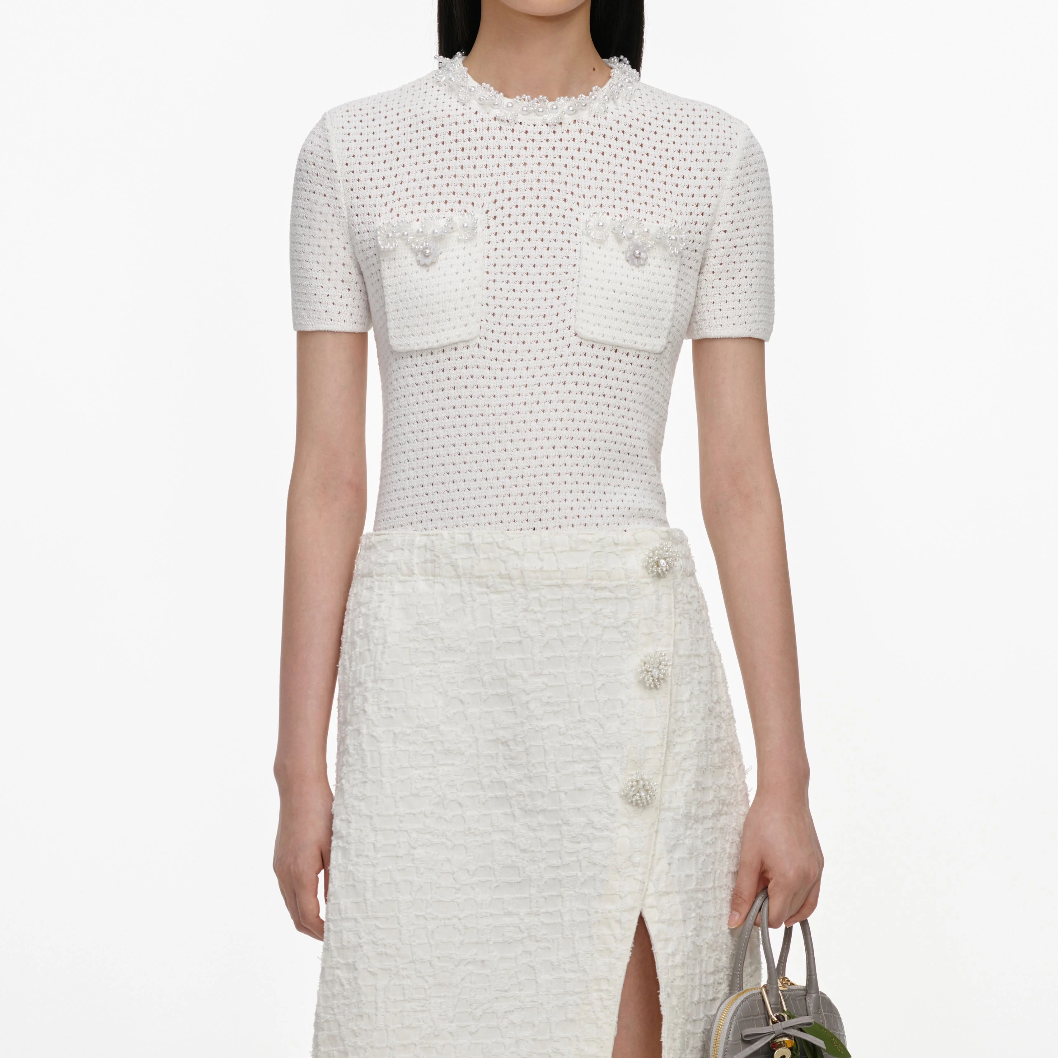 Cream Textured Denim Midi Skirt - Image 4