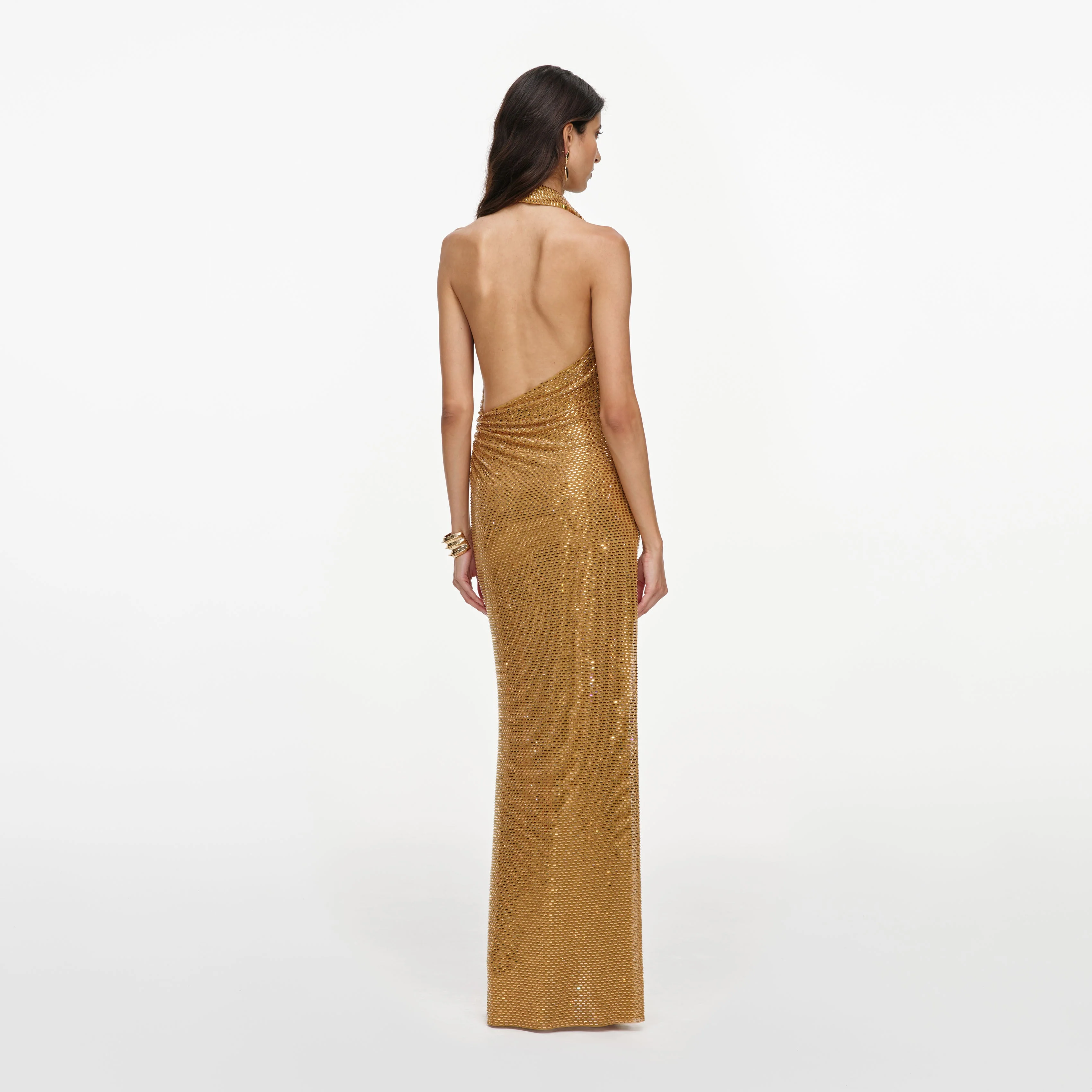 Gold Rhinestone Halter Maxi Dress - Image 3