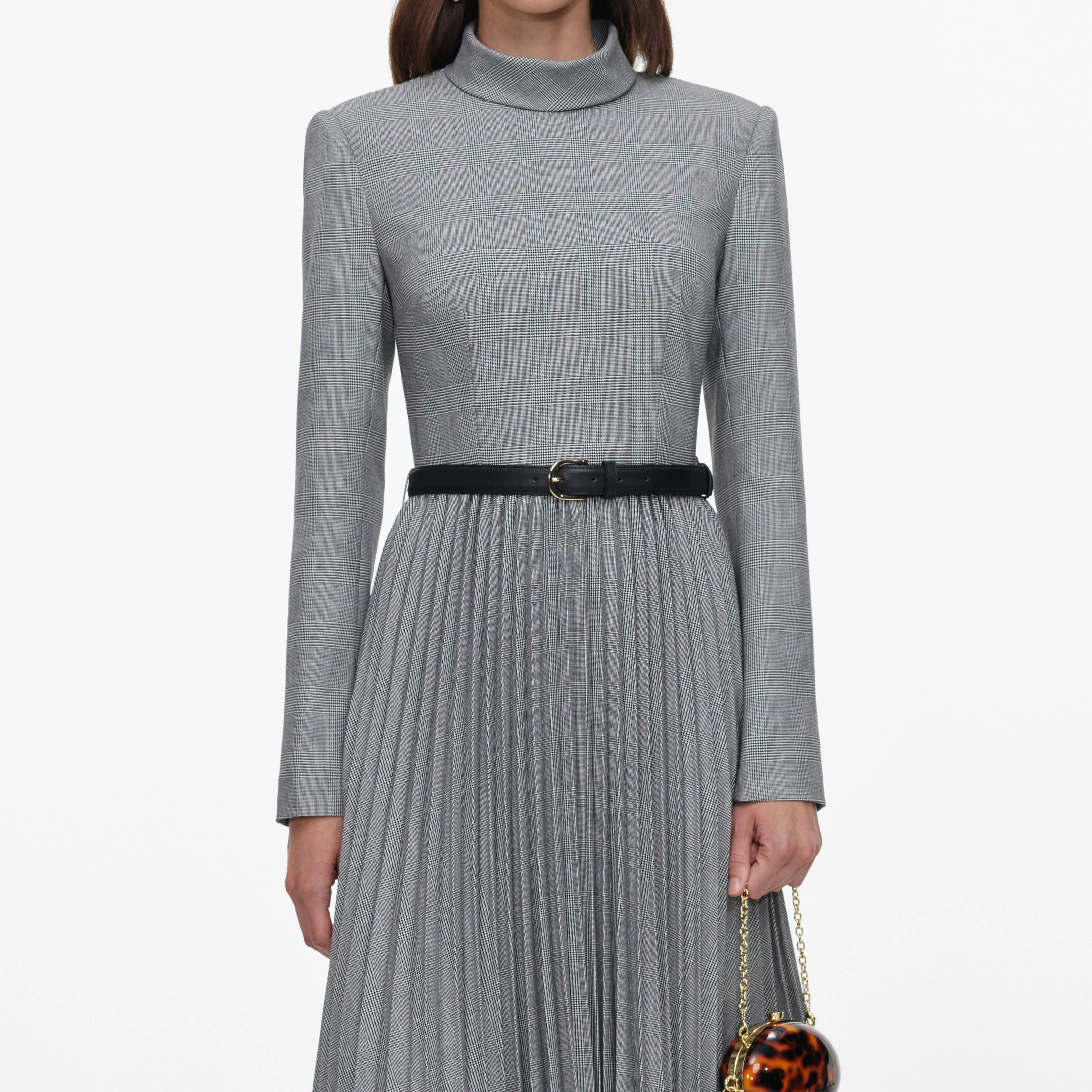 Grey Check Pleated Midi Dress - Image 4