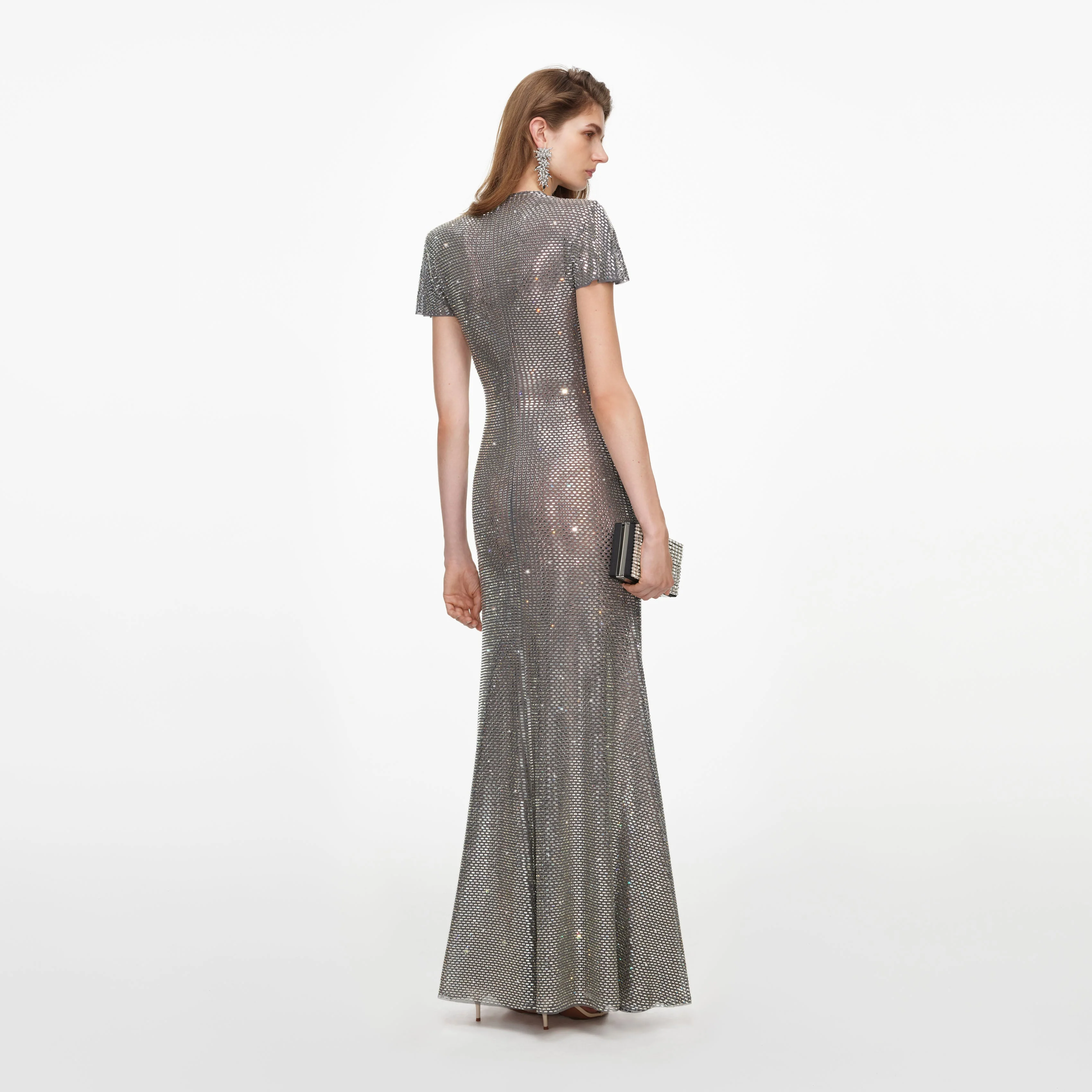 Grey Rhinestone Mesh Wrap Maxi Dress - Image 3