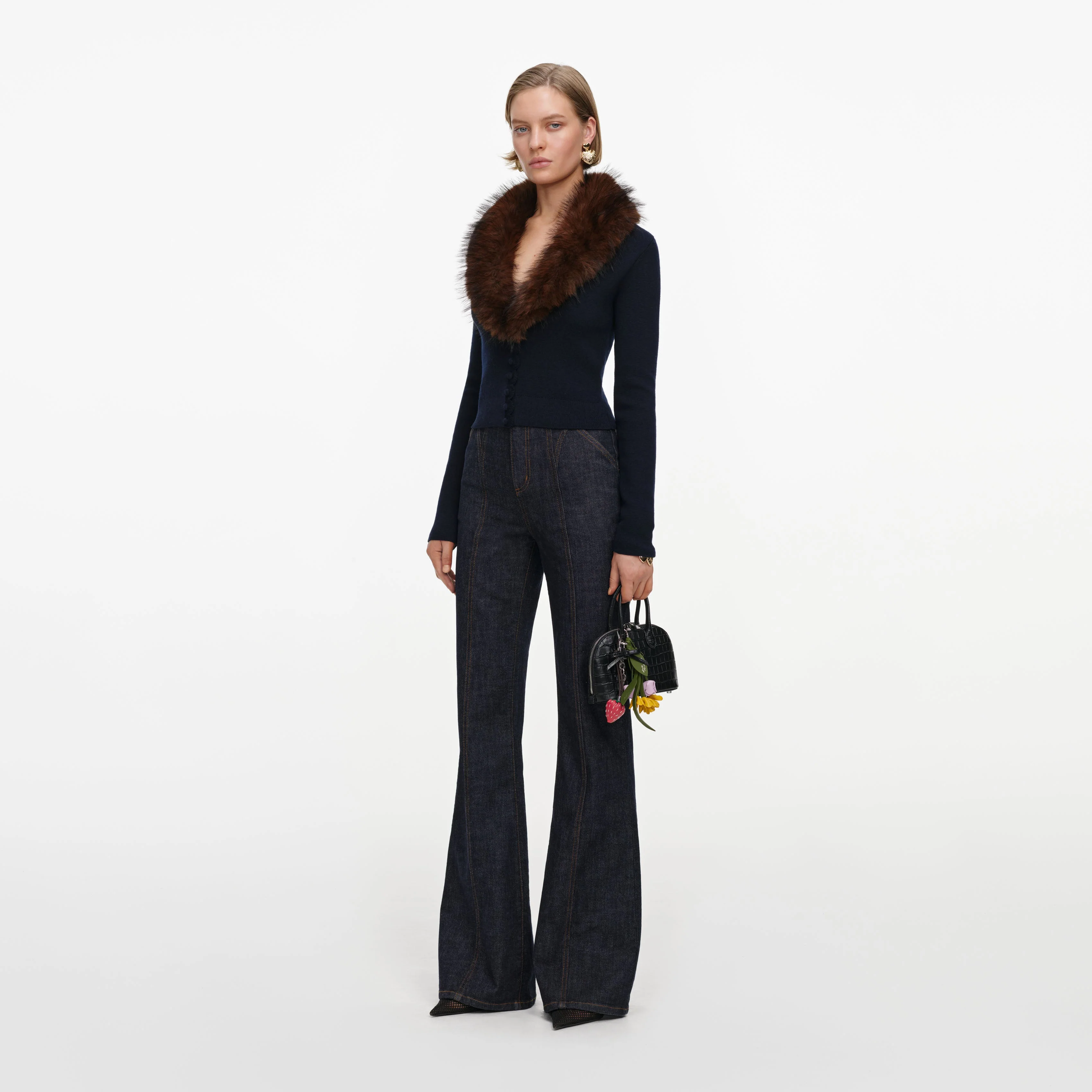 Navy Faux Fur Knit Cardigan - Image 2