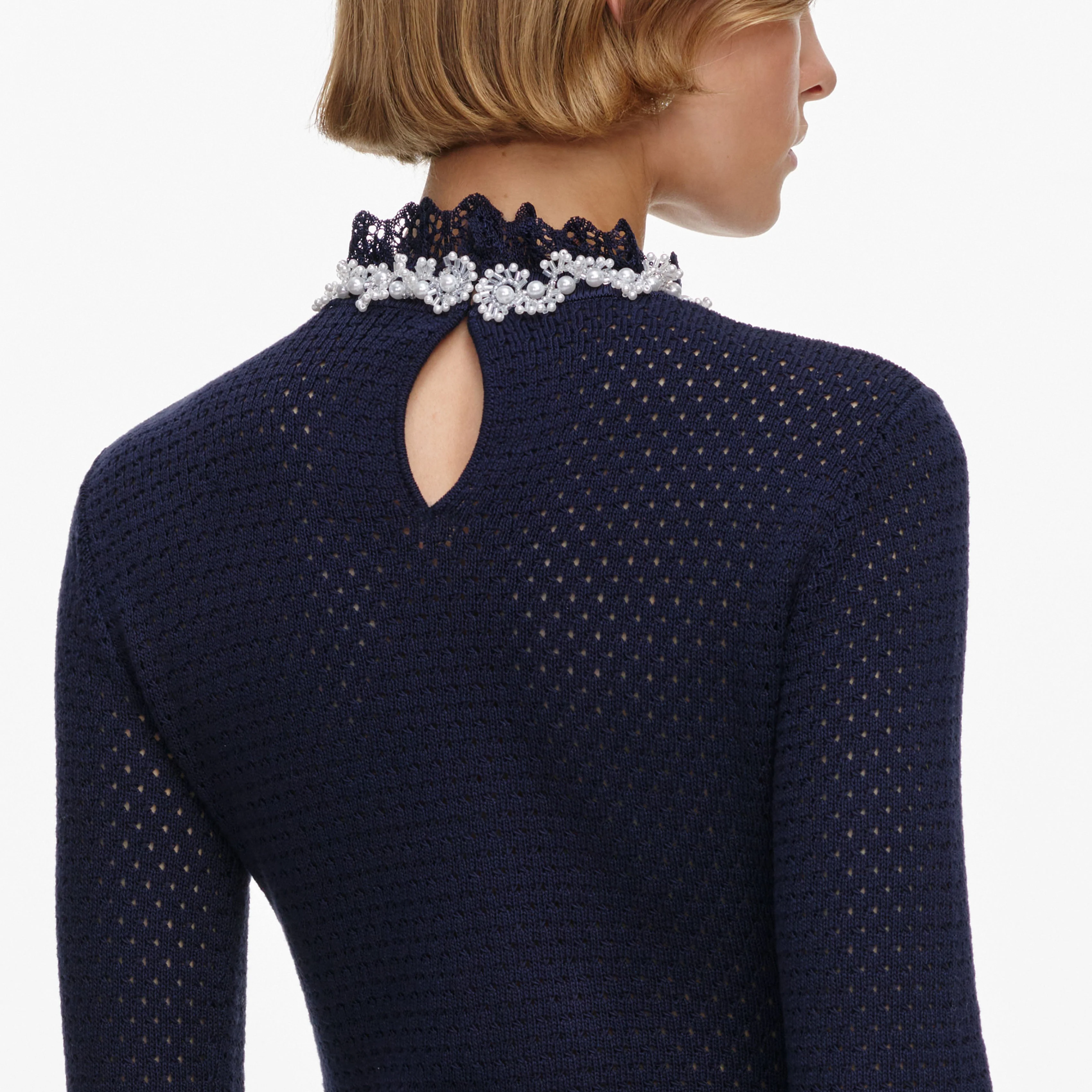 Navy Pearl Trim Knit Mini Dress - Image 5